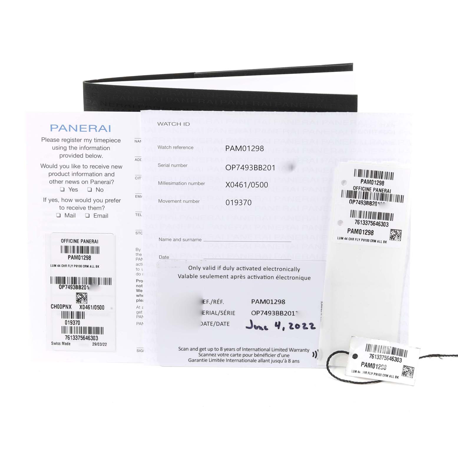 The image shows warranty cards and tags for the Panerai Luminor PAM01298 Men's Ceramic Black Dial PAM01298 Men's Ceramic Black Dial model PAM01298.