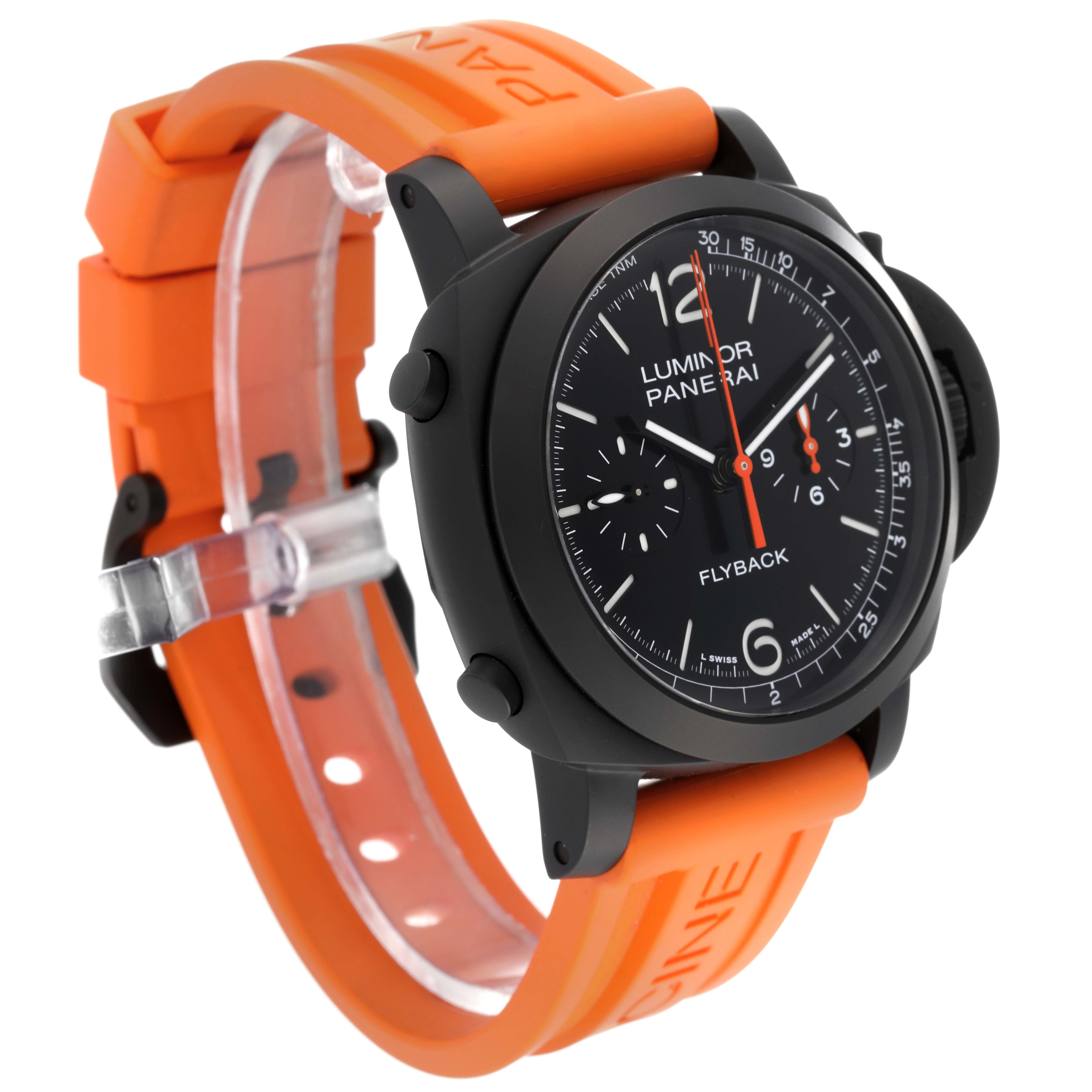 The image shows a Panerai Luminor PAM01298 Men's Ceramic Black Dial PAM01298 Men's Ceramic Black Dial watch at an angle, emphasizing its black dial, chronograph, and orange strap.