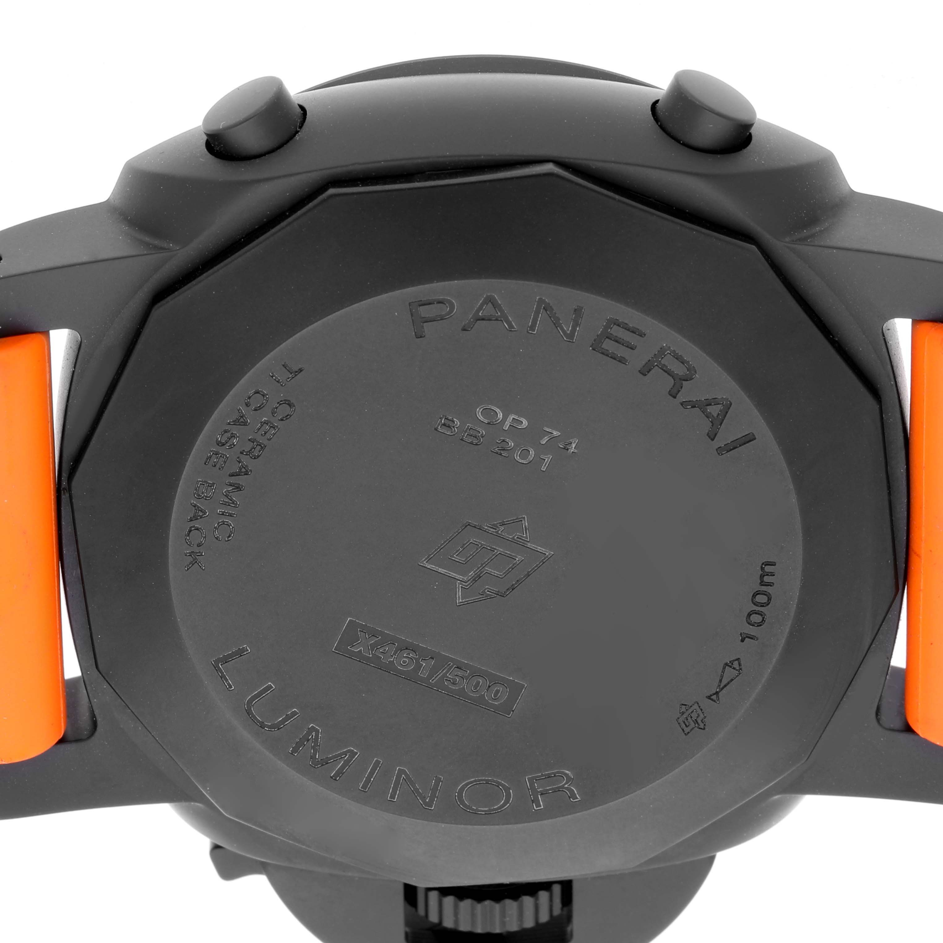 The image shows the back case of the Panerai Luminor PAM01298 Men's Ceramic Black Dial PAM01298 Men's Ceramic Black Dial watch, including the watch's inscriptions and orange straps.