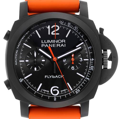 This image shows a front view of a Panerai Luminor model watch with an orange strap and black dial.