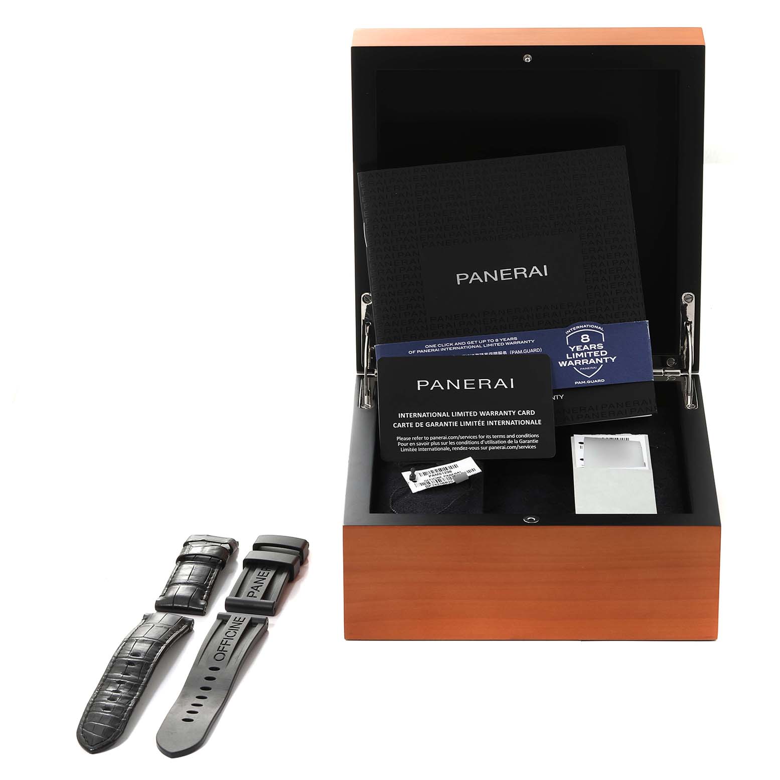 The image shows a Panerai Luminor PAM01298 Men's Ceramic Black Dial PAM01298 Men's Ceramic Black Dial watch box, warranty card, documents, and two extra straps.