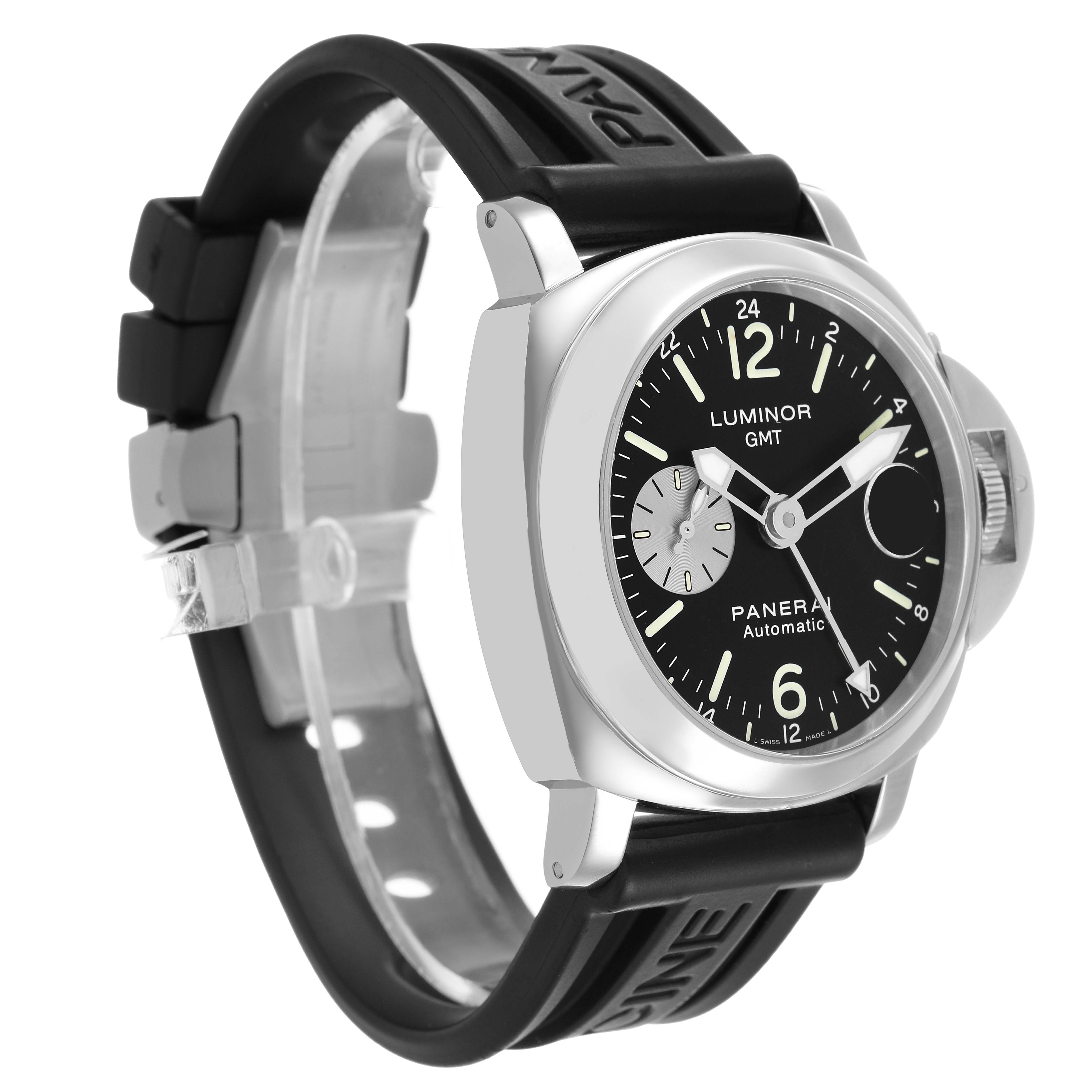 The Panerai Luminor PAM00088 Men's Stainless Steel Black Dial watch is shown at a three-quarter angle, highlighting the face, crown guard, and rubber strap.
