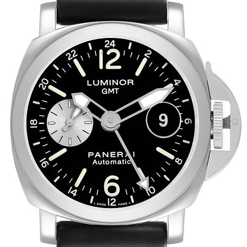 The Panerai Luminor PAM00088 Men's Stainless Steel Black Dial model watch is shown from the front, displaying its face, crown guard, and strap attachment.