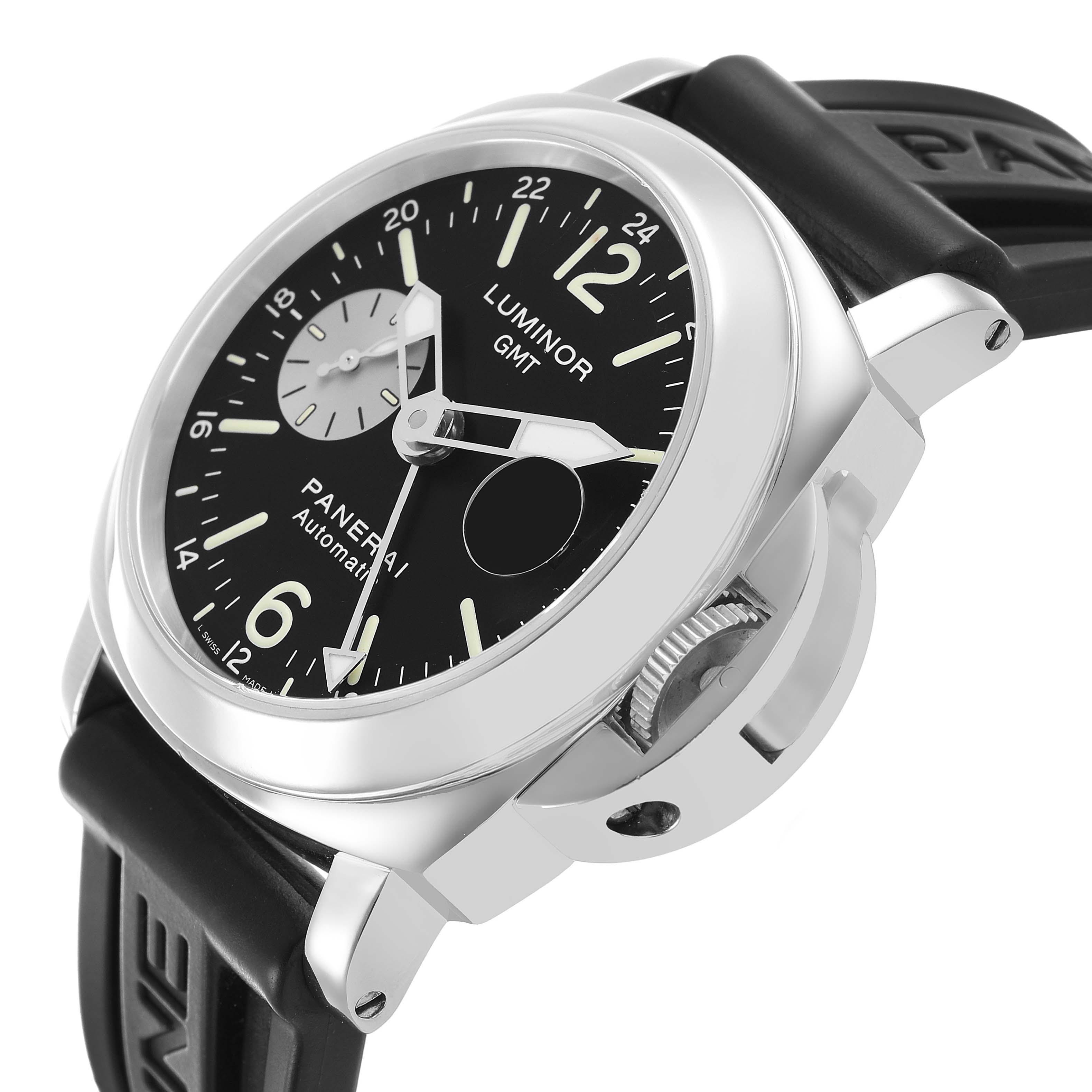 The Panerai Luminor PAM00088 Men's Stainless Steel Black Dial watch is shown at an angled side view, displaying its dial, crown, and strap.