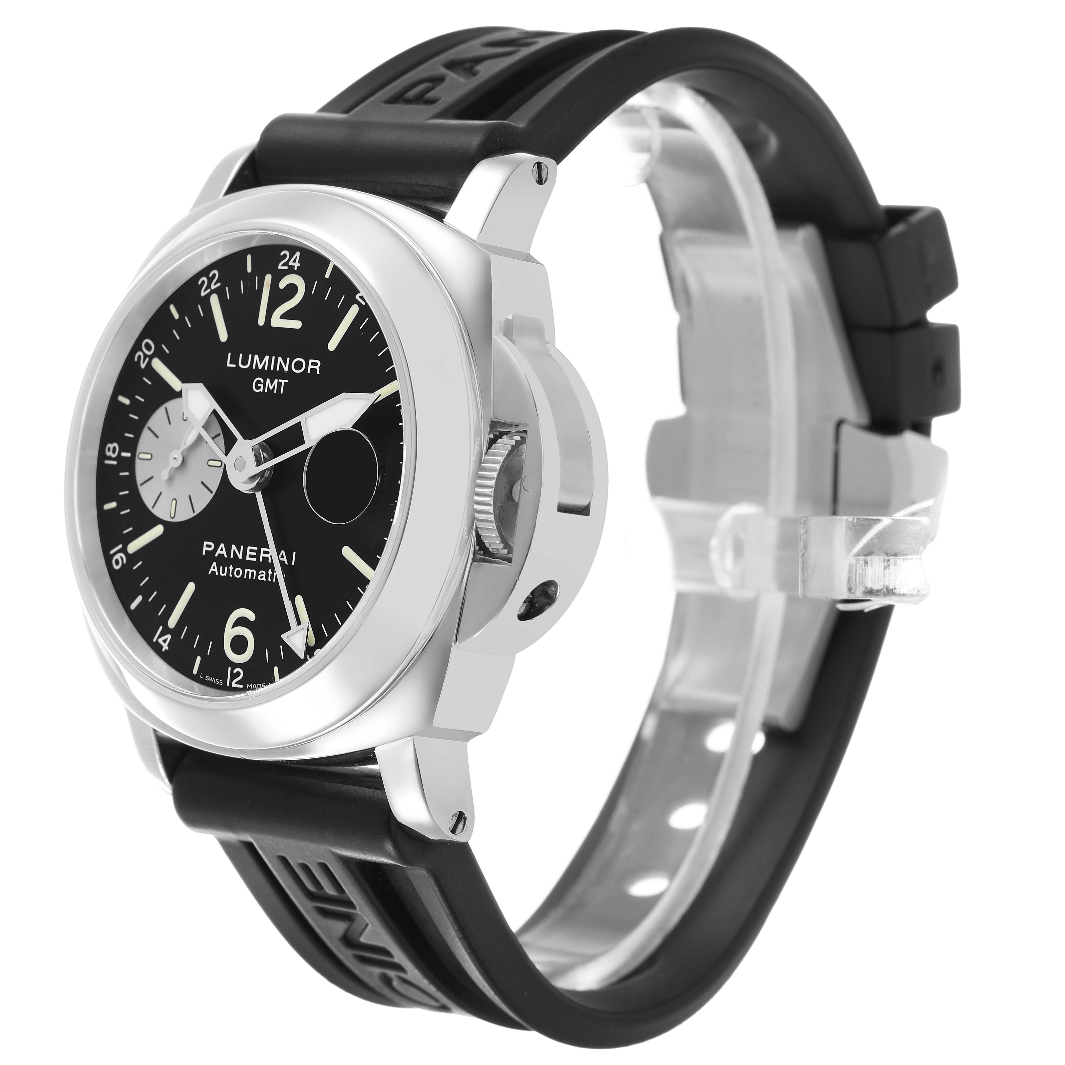 The Panerai Luminor PAM00088 Men's Stainless Steel Black Dial watch is shown at a three-quarter angle, highlighting the face, bezel, and strap.