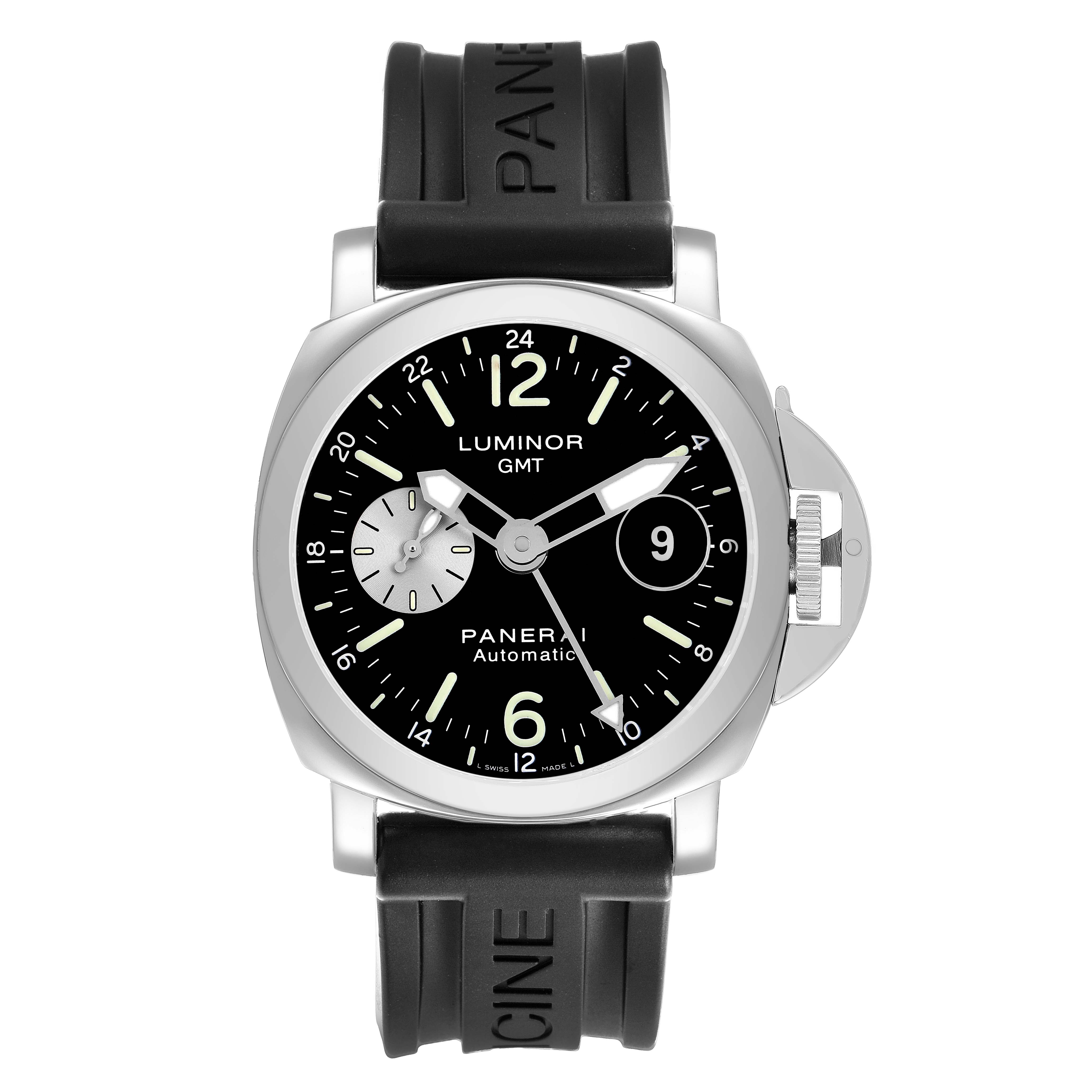 The Panerai Luminor PAM00088 Men's Stainless Steel Black Dial watch is shown from the front, displaying its face, crown guard, and rubber strap.