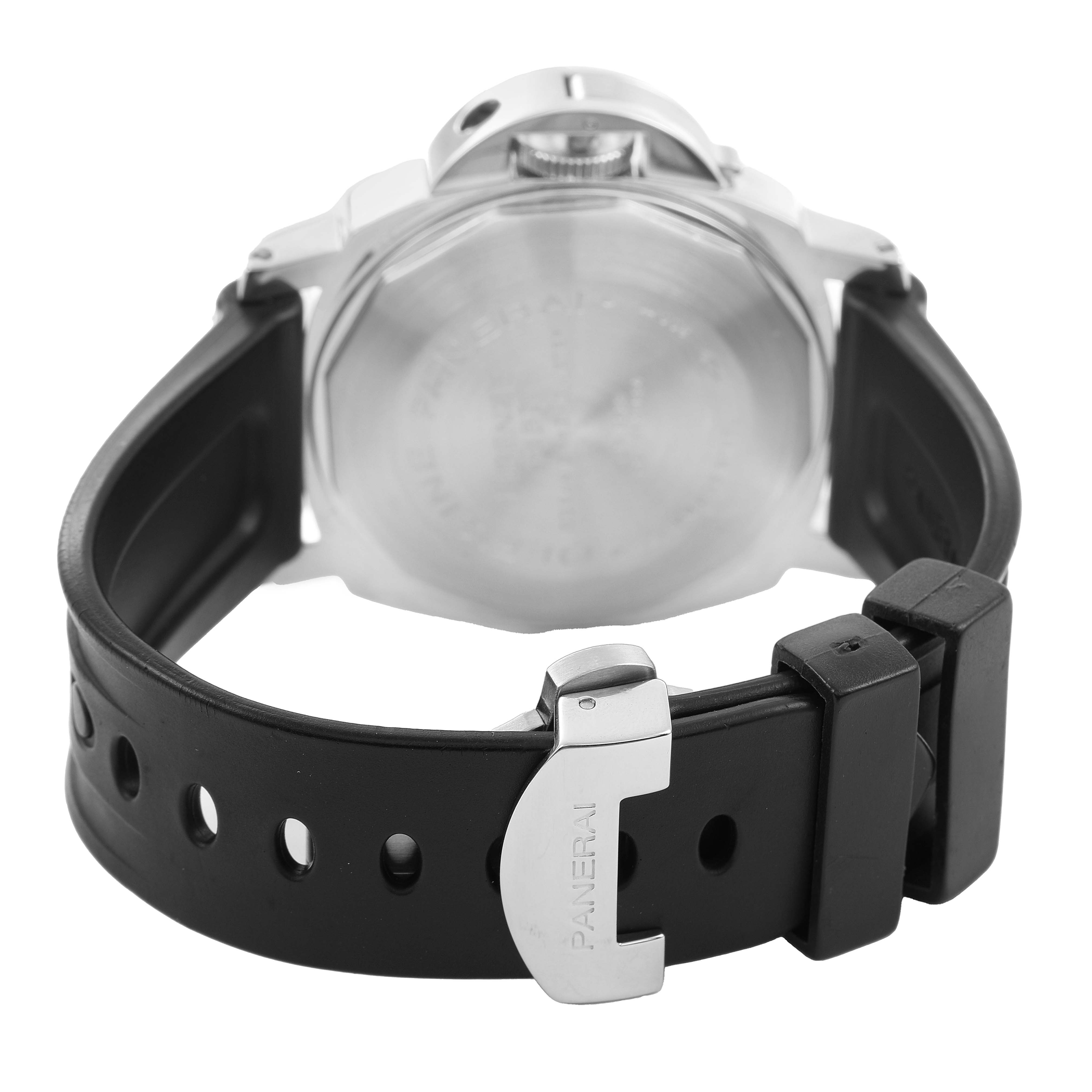 The image shows the rear angle of a Panerai Luminor PAM00088 Men's Stainless Steel Black Dial watch, highlighting the case back, crown guard, and rubber strap with clasp.