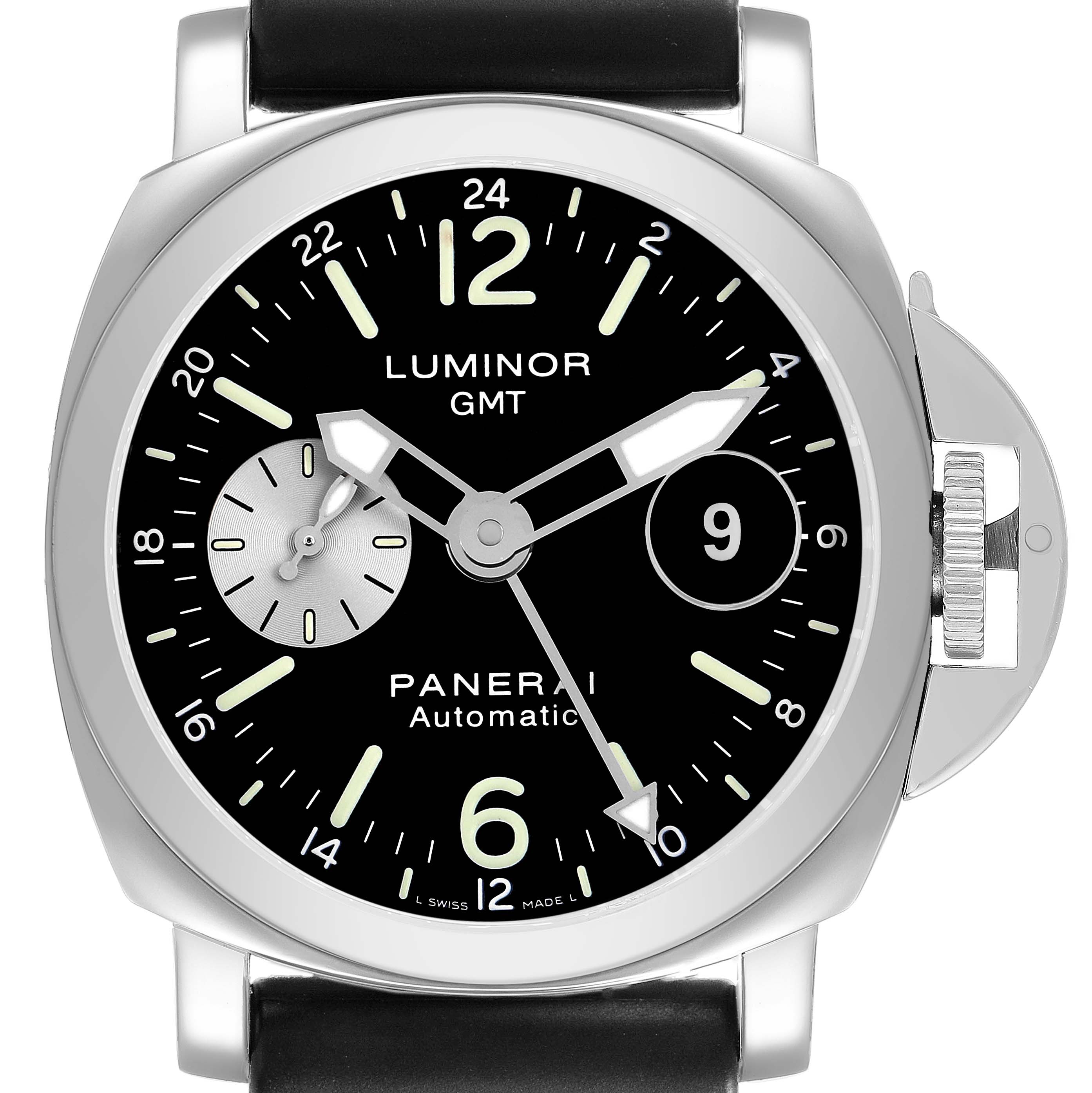 The Panerai Luminor PAM00088 Men's Stainless Steel Black Dial watch is shown from a front angle, highlighting the dial, hands, crown guard, and strap connection.