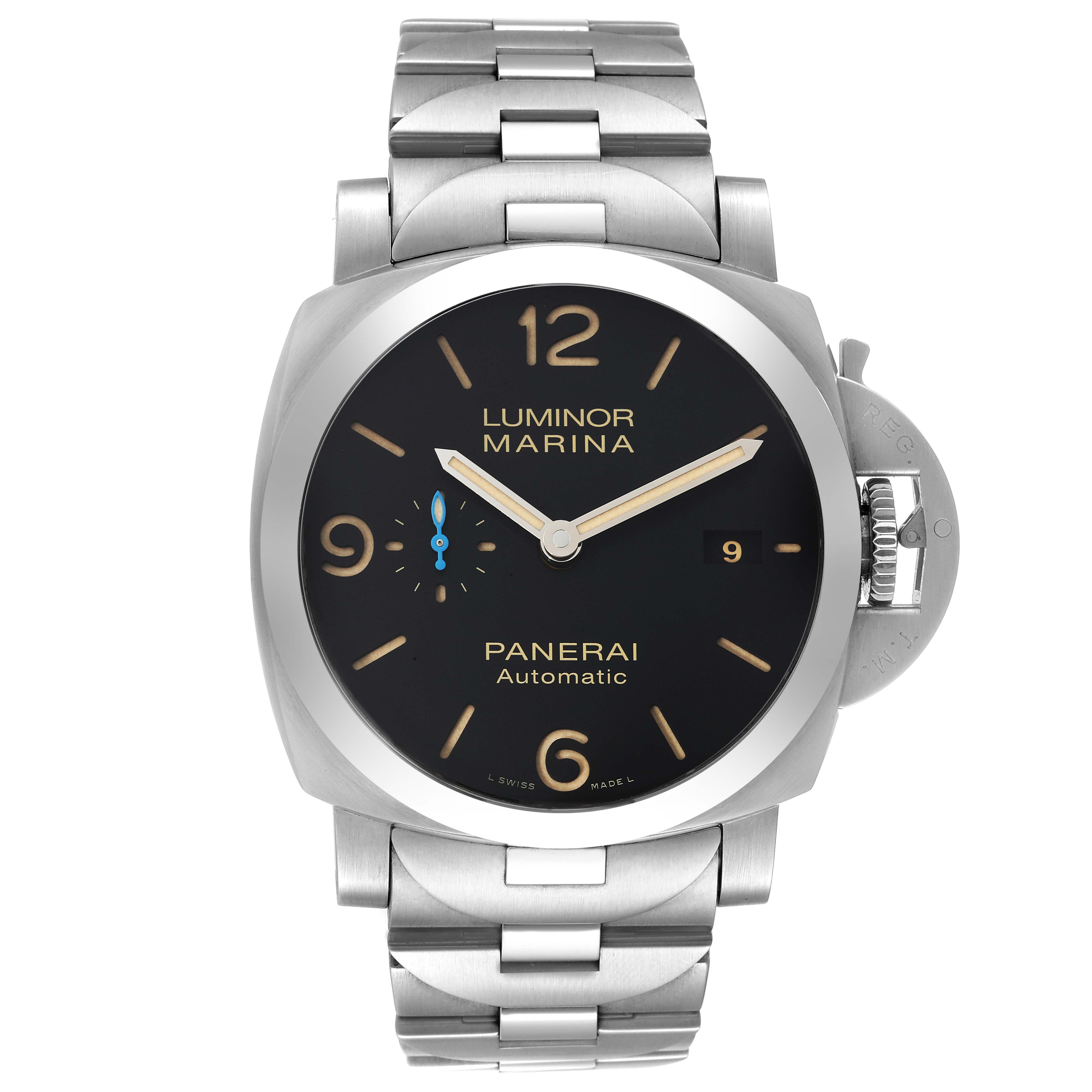 The Panerai Luminor PAM00723 Men's Stainless Steel Black Dial PAM00723 Men's Stainless Steel Black Dial watch is shown from a front angle, displaying the dial, bracelet, and crown guard.