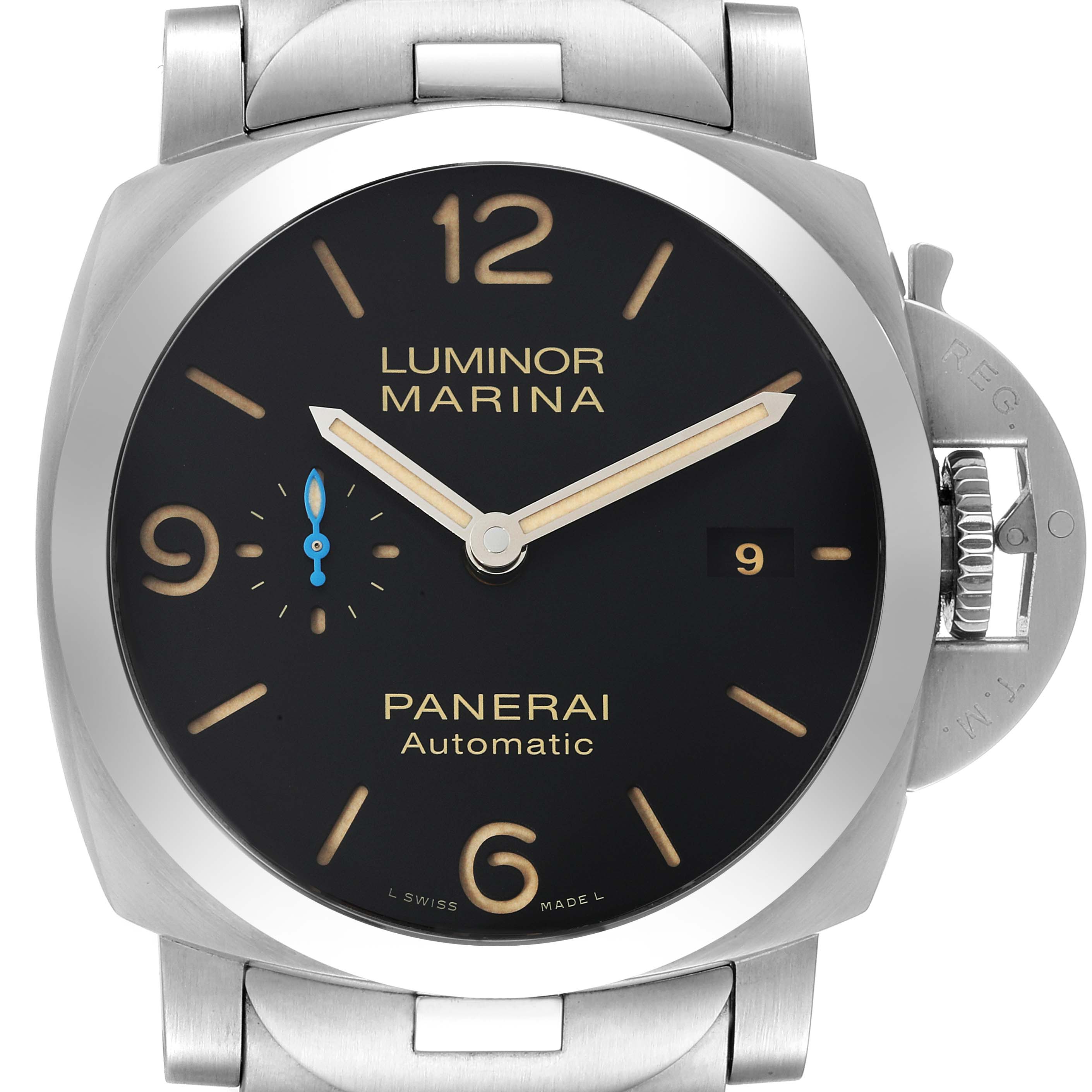 The image shows a front view of a Panerai Luminor PAM00723 Men's Stainless Steel Black Dial PAM00723 Men's Stainless Steel Black Dial Marina watch, displaying its face, hands, and crown guard.