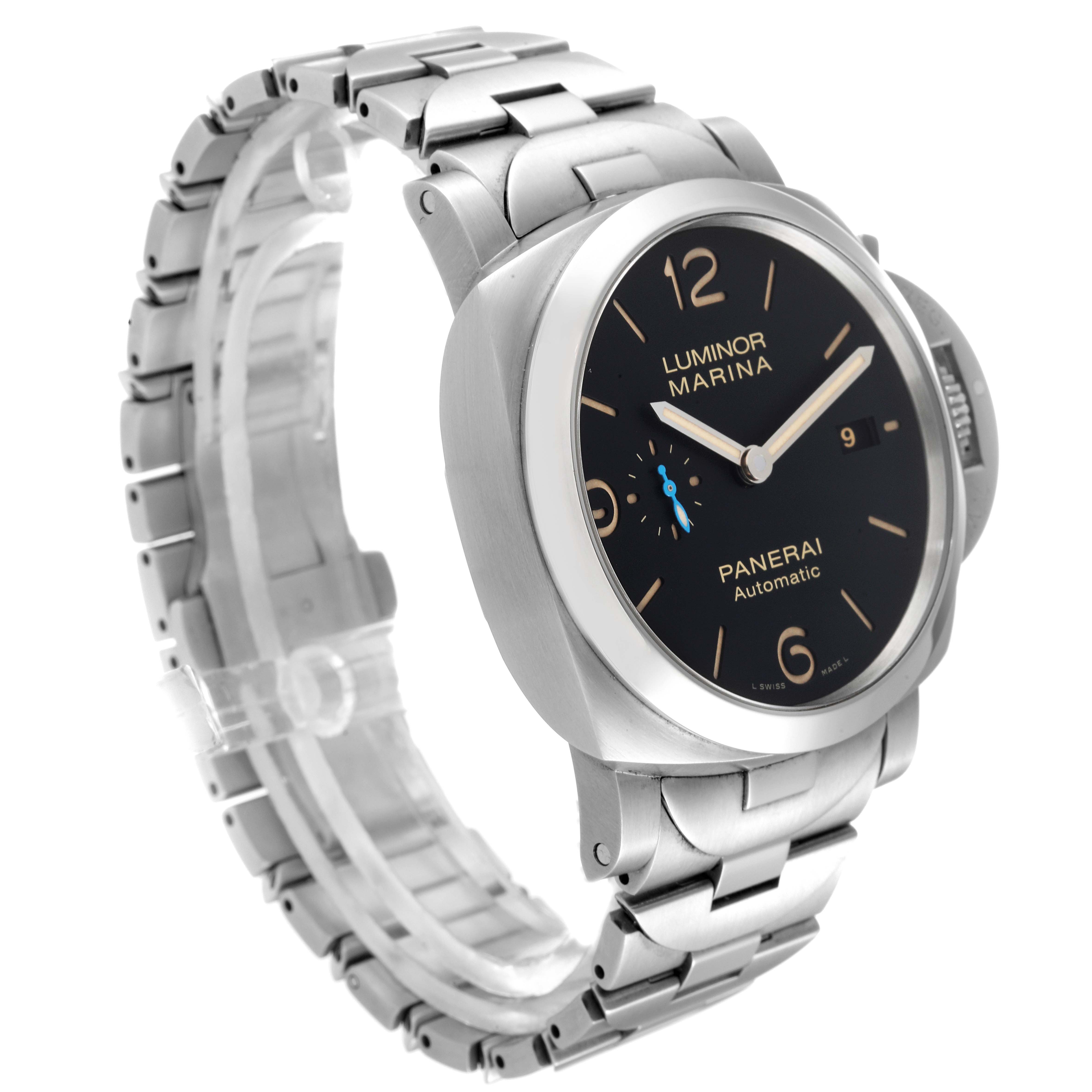 This image shows a Panerai Luminor PAM00723 Men's Stainless Steel Black Dial PAM00723 Men's Stainless Steel Black Dial watch from a front-left angle, highlighting the face, case, and bracelet.