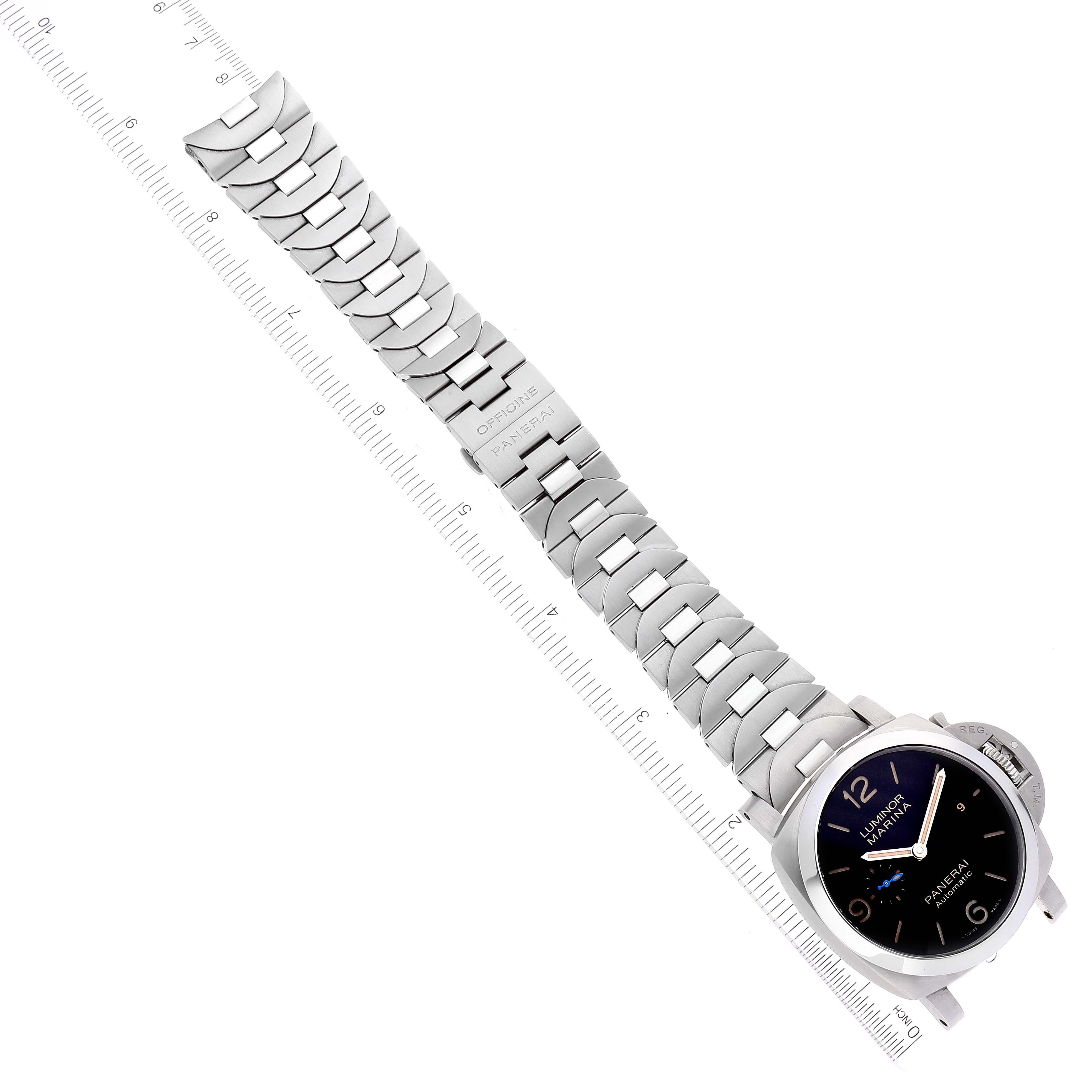 The image shows a Panerai Luminor PAM00723 Men's Stainless Steel Black Dial PAM00723 Men's Stainless Steel Black Dial watch at an oblique angle featuring its face, bracelet, and clasp.