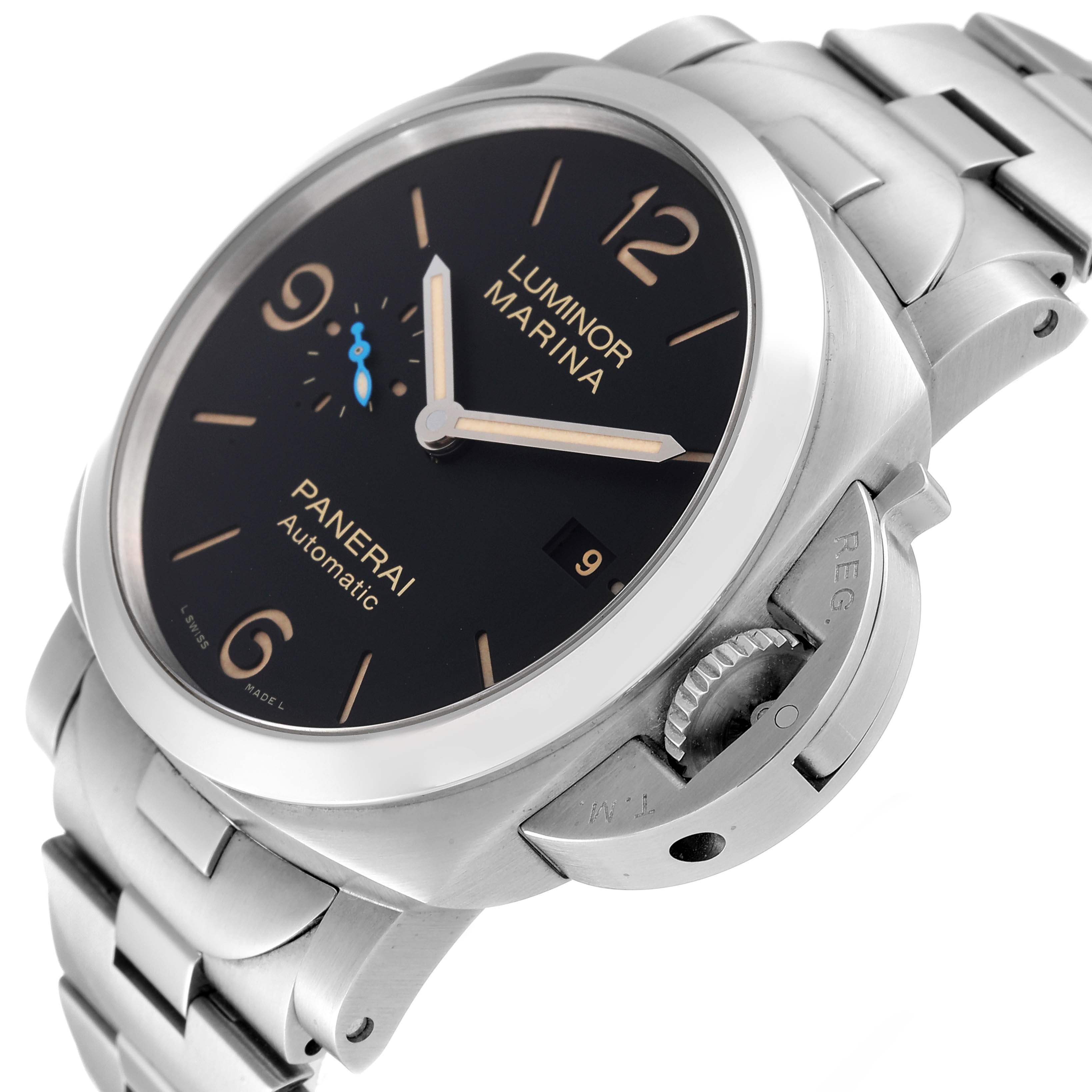 The image shows a Panerai Luminor PAM00723 Men's Stainless Steel Black Dial PAM00723 Men's Stainless Steel Black Dial model watch at a slight angle, highlighting the face, crown guard, and part of the metal bracelet.