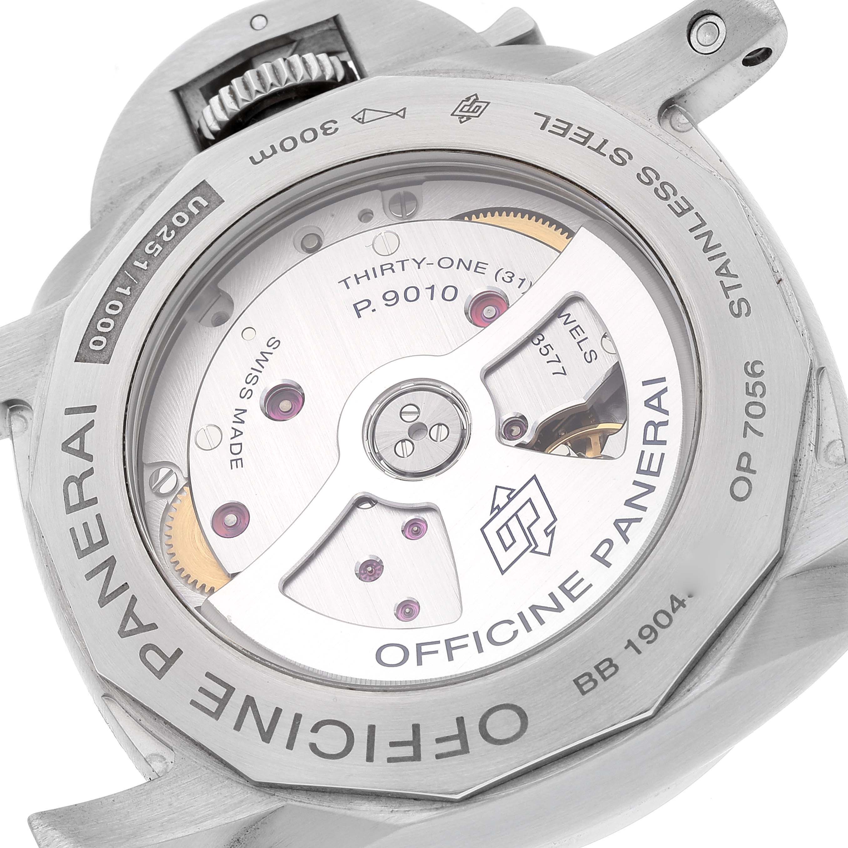 The image shows the back view of a Panerai Luminor PAM00723 Men's Stainless Steel Black Dial PAM00723 Men's Stainless Steel Black Dial watch, highlighting its movement and components.