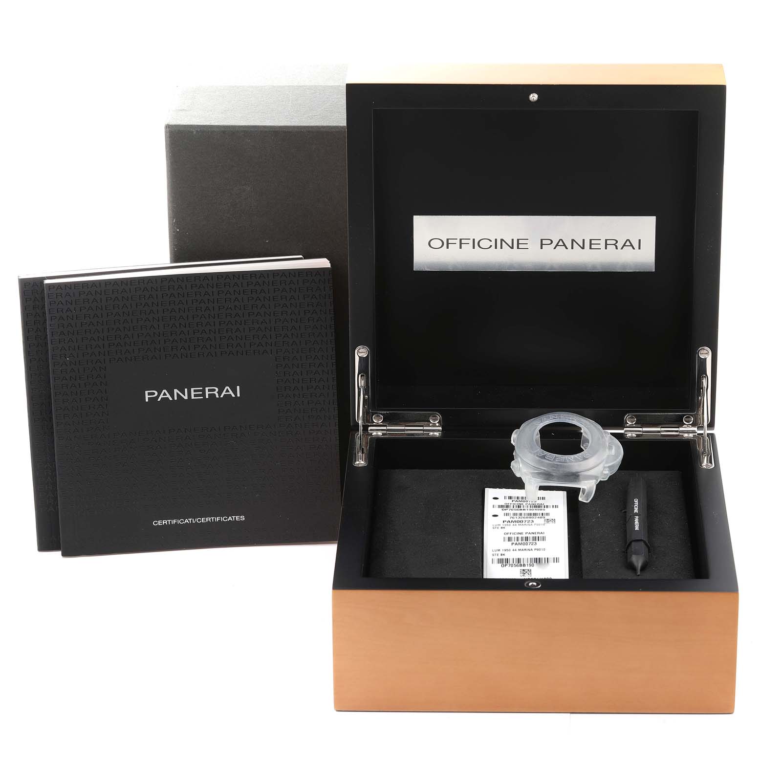The image shows an open Panerai Luminor PAM00723 Men's Stainless Steel Black Dial PAM00723 Men's Stainless Steel Black Dial watch box with documentation, a plastic case holder, and a tool.
