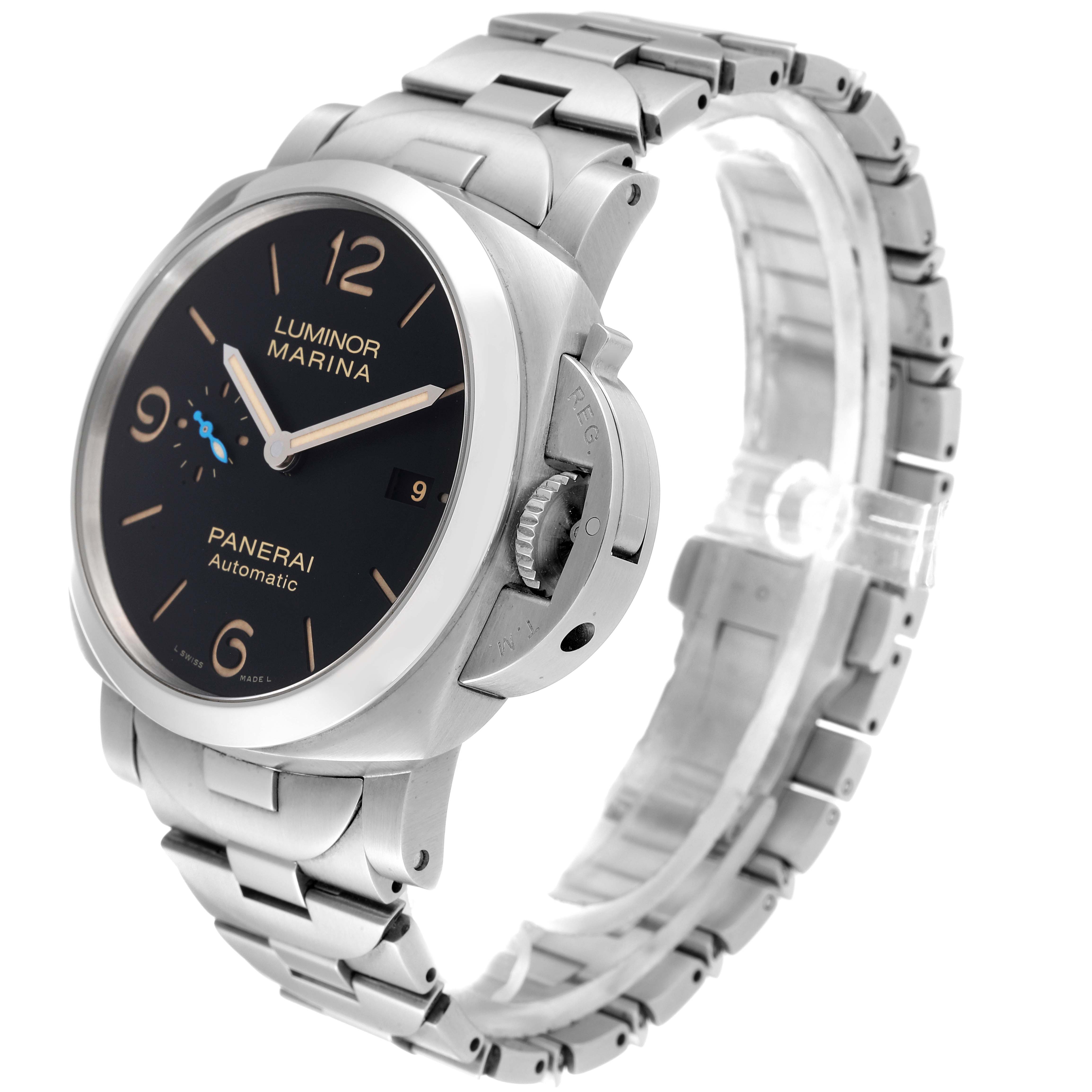 The image shows a side angle of the Panerai Luminor PAM00723 Men's Stainless Steel Black Dial PAM00723 Men's Stainless Steel Black Dial watch, highlighting the face, bezel, crown guard, and stainless-steel bracelet.