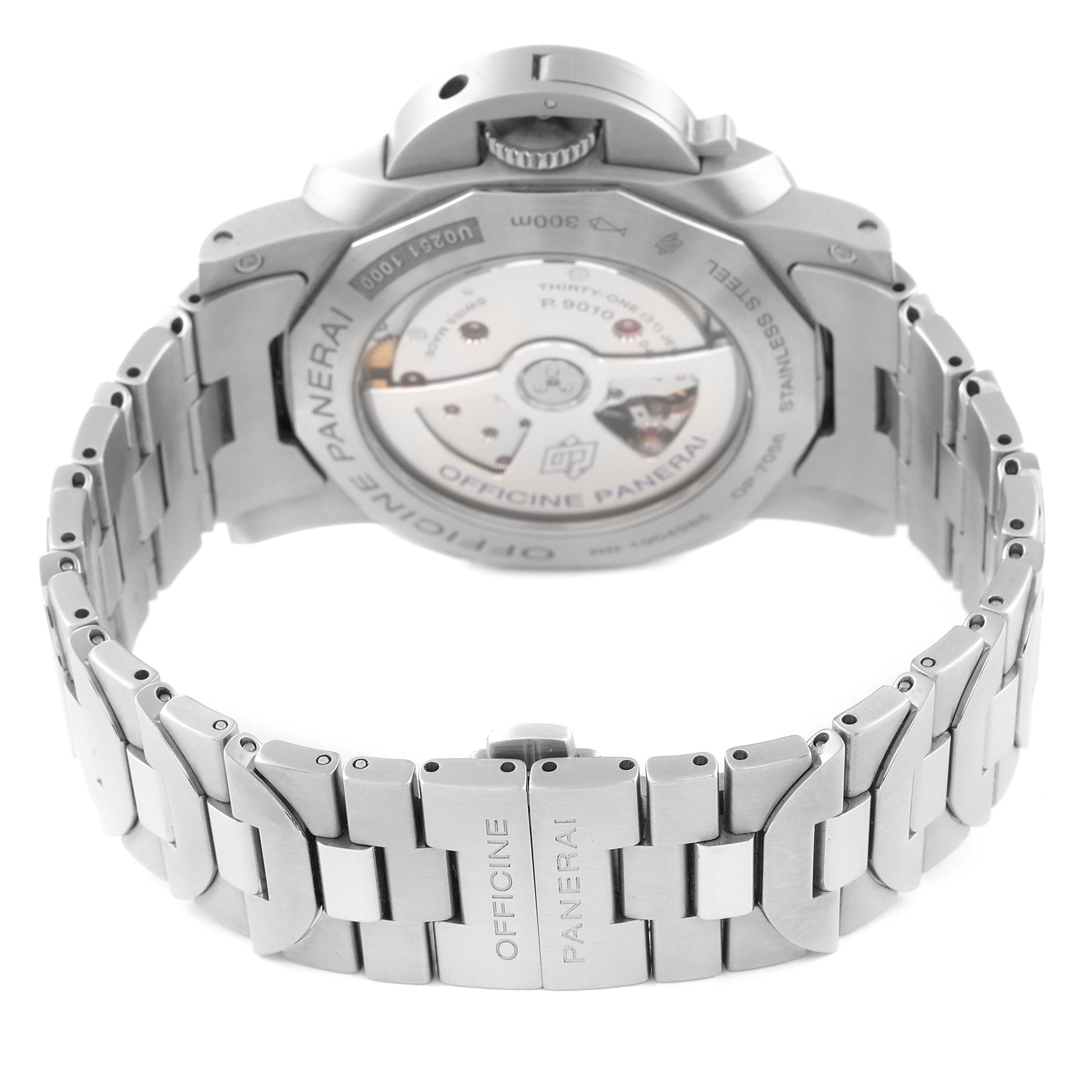 This image shows the back and bracelet of the Panerai Luminor PAM00723 Men's Stainless Steel Black Dial PAM00723 Men's Stainless Steel Black Dial watch, highlighting its stainless steel construction and visible movement.