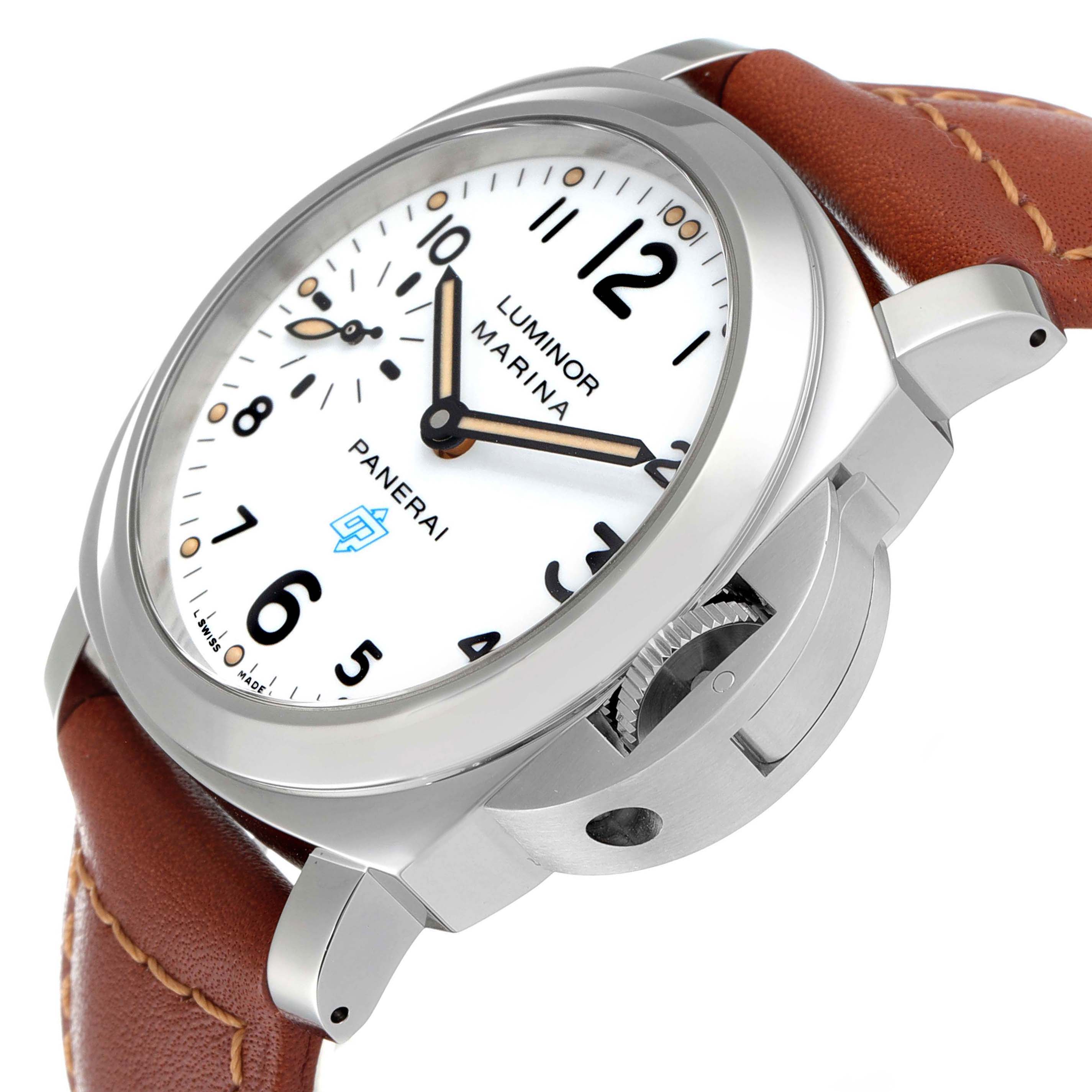 The image shows a Panerai Luminor PAM00660 Men
s Stainless Steel White Dial PAM00660 Men
s Stainless Steel White Dial watch at a three-quarter angle, highlighting the dial, case, strap, and crown guard.