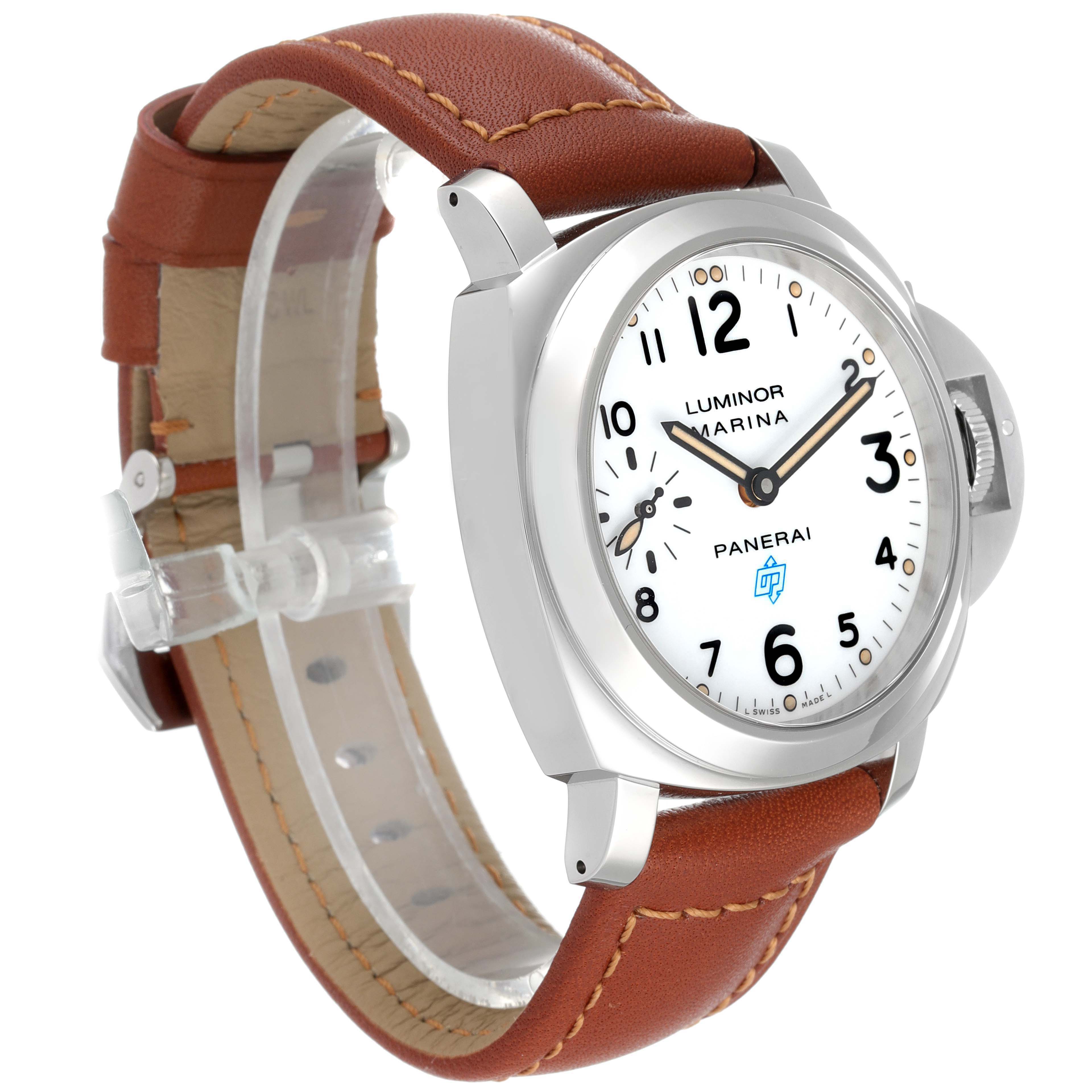 The image shows a Panerai Luminor PAM00660 Men
s Stainless Steel White Dial PAM00660 Men
s Stainless Steel White Dial Marina watch at an angle highlighting the white dial, brown leather strap, and stainless steel case.