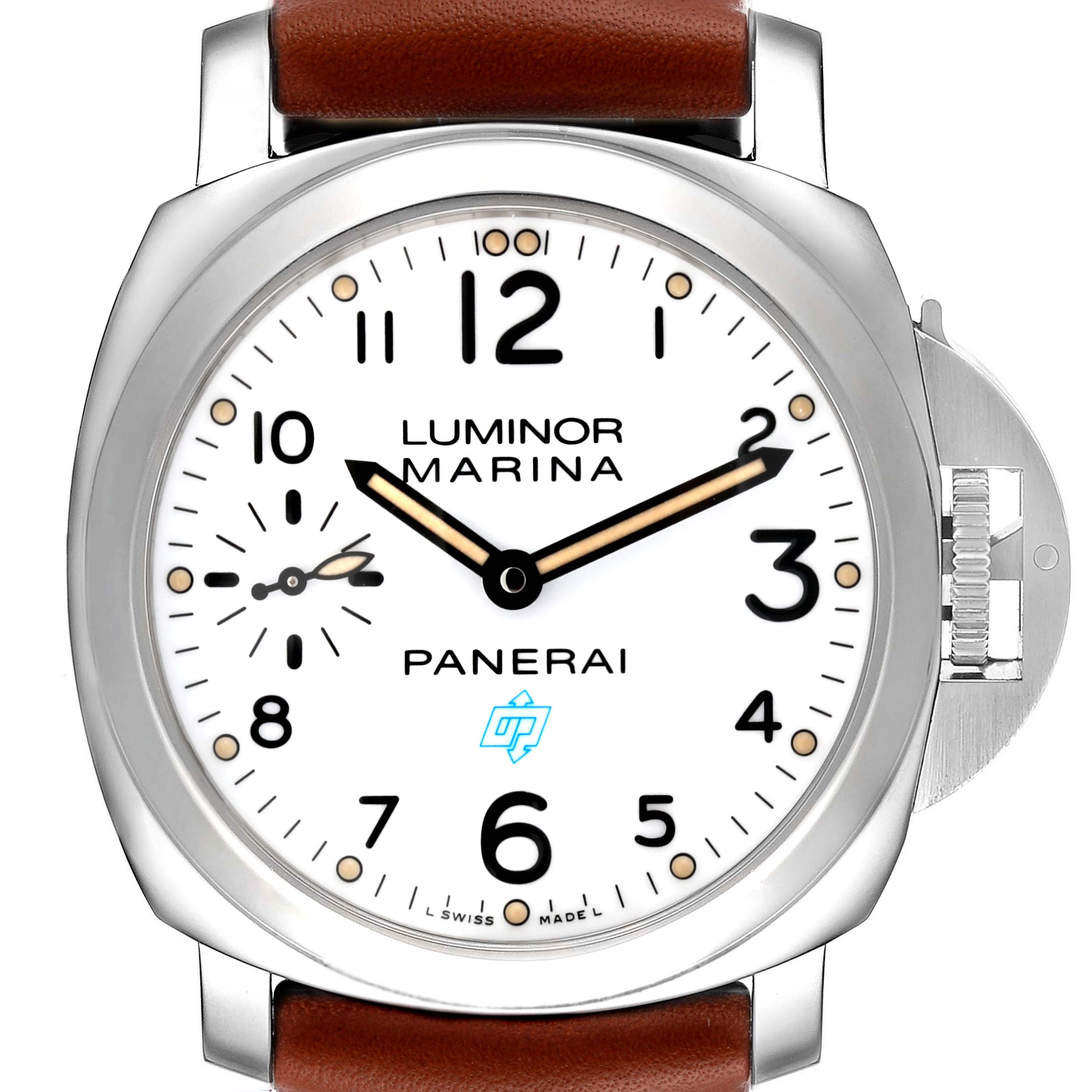 This image shows the front view of a Panerai Luminor PAM00660 Men
s Stainless Steel White Dial PAM00660 Men
s Stainless Steel White Dial Marina watch, highlighting its dial, hands, and part of the brown leather strap.