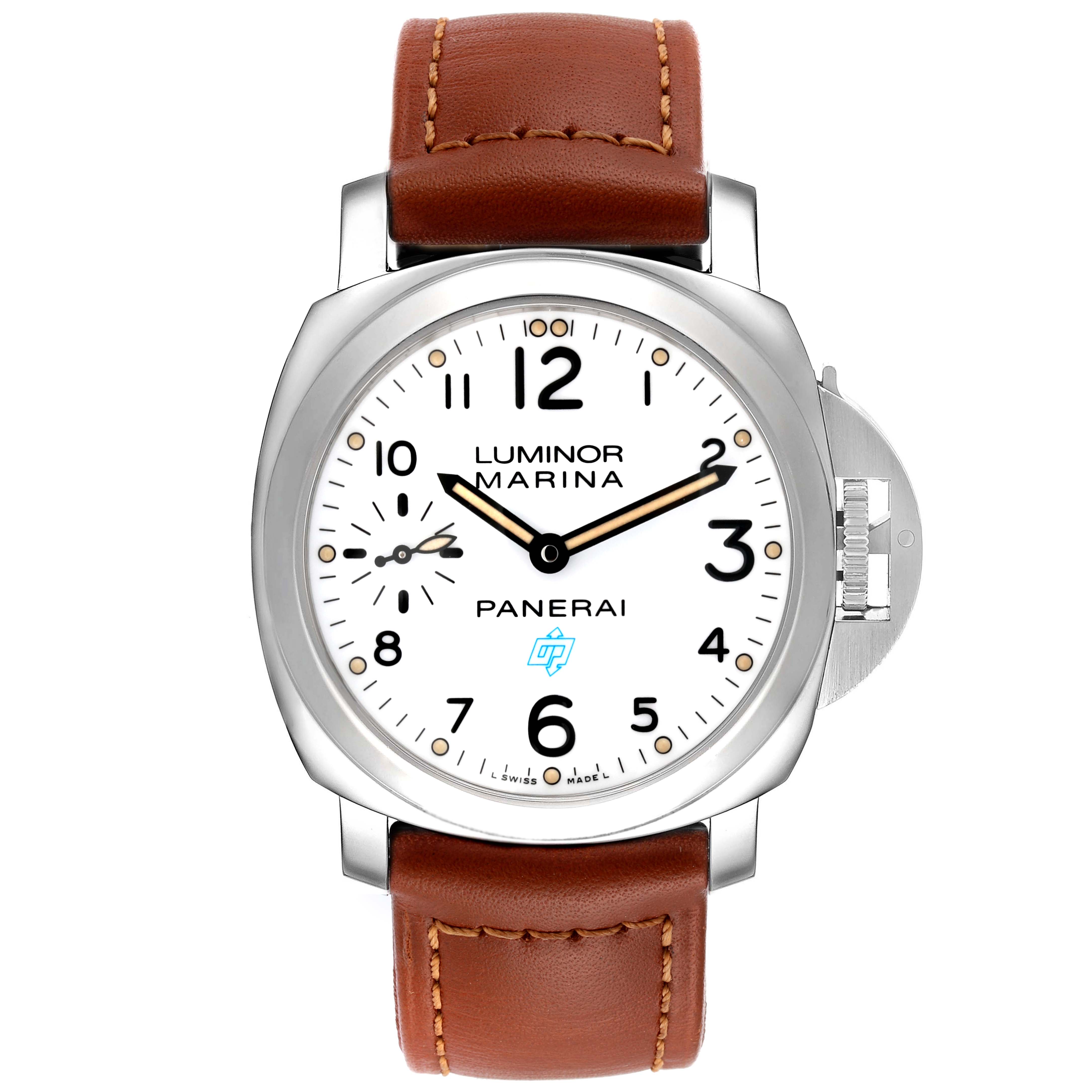 The Panerai Luminor PAM00660 Men
s Stainless Steel White Dial PAM00660 Men
s Stainless Steel White Dial watch is shown from the front, displaying the dial, bezel, case, crown guard, and brown leather strap.