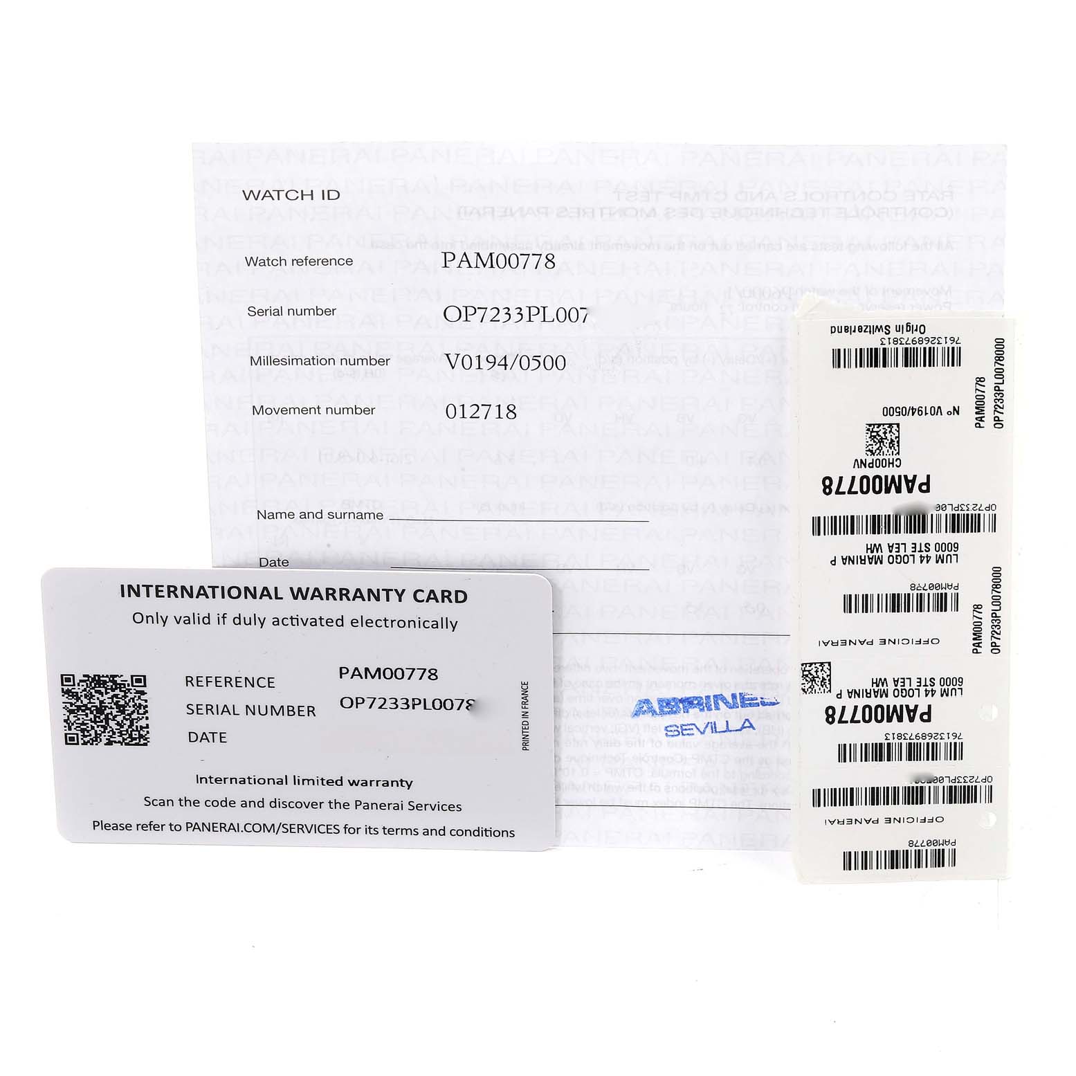 The image shows warranty documentation and a barcode sticker for the Luminor model by Panerai, including the watch ID, serial number, and warranty card.