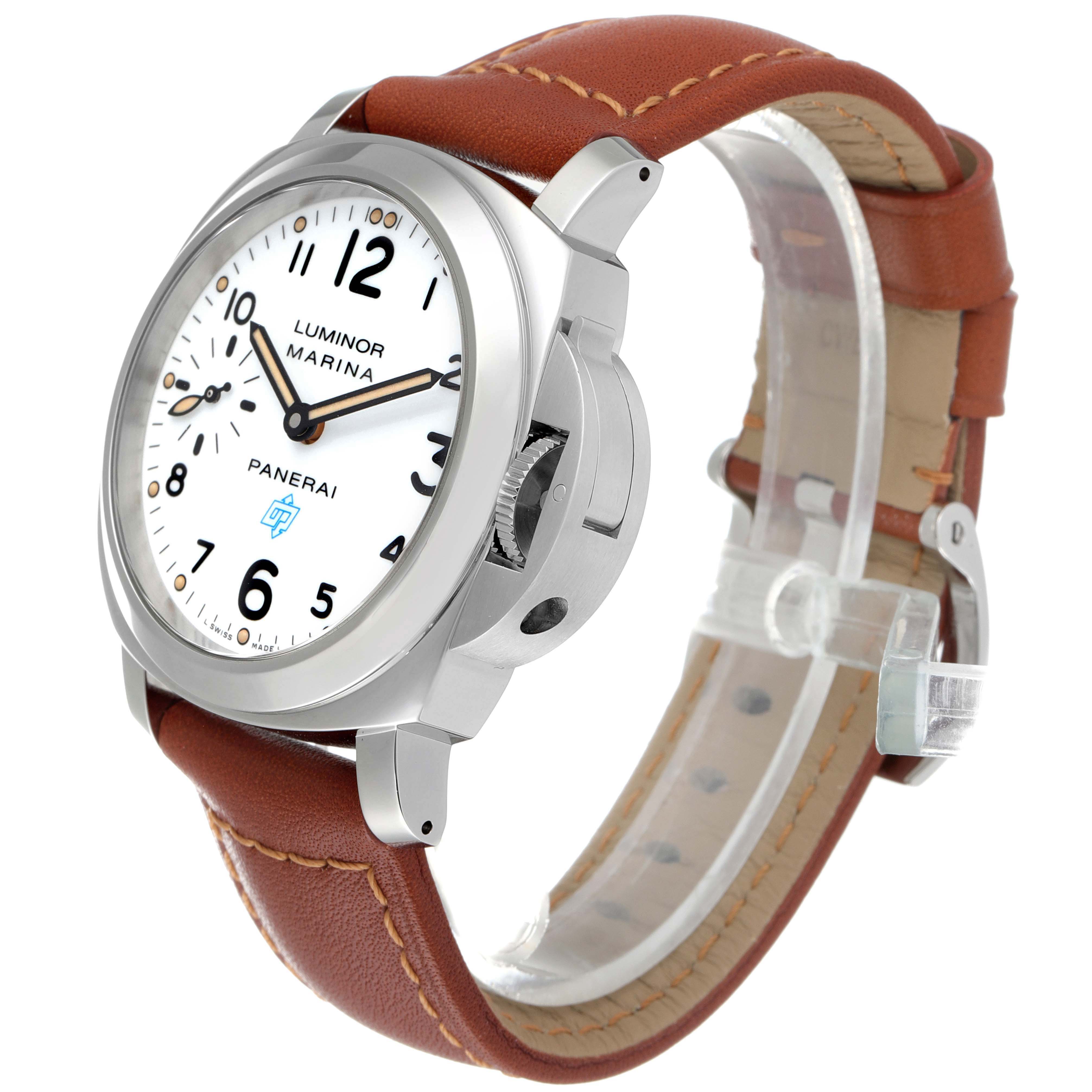 The image shows a Panerai Luminor PAM00660 Men
s Stainless Steel White Dial PAM00660 Men
s Stainless Steel White Dial watch at a three-quarter angle, highlighting the face, case, and leather strap.