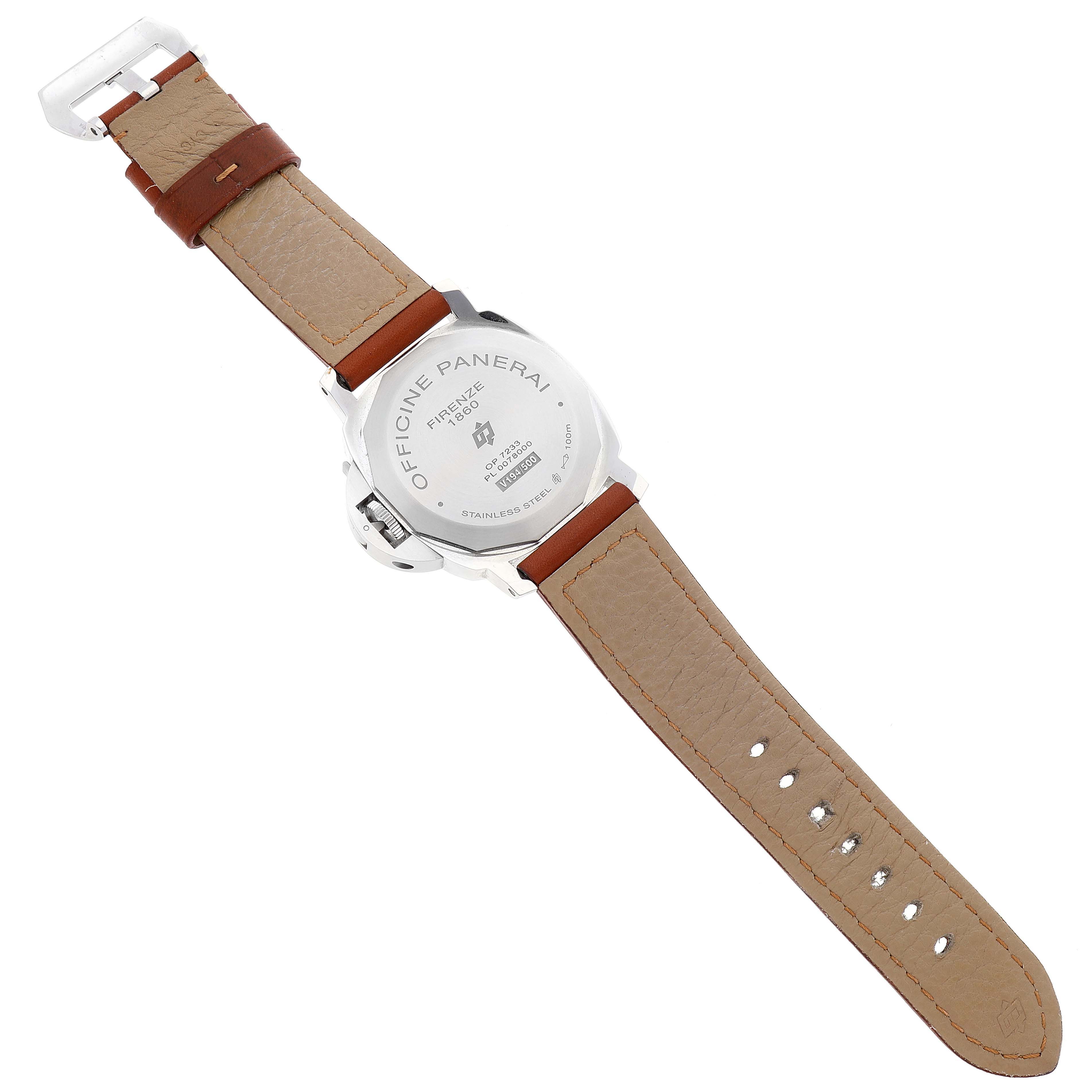 This image shows the back view of a Panerai Luminor PAM00660 Men
s Stainless Steel White Dial PAM00660 Men
s Stainless Steel White Dial watch, highlighting the case back and brown leather strap.