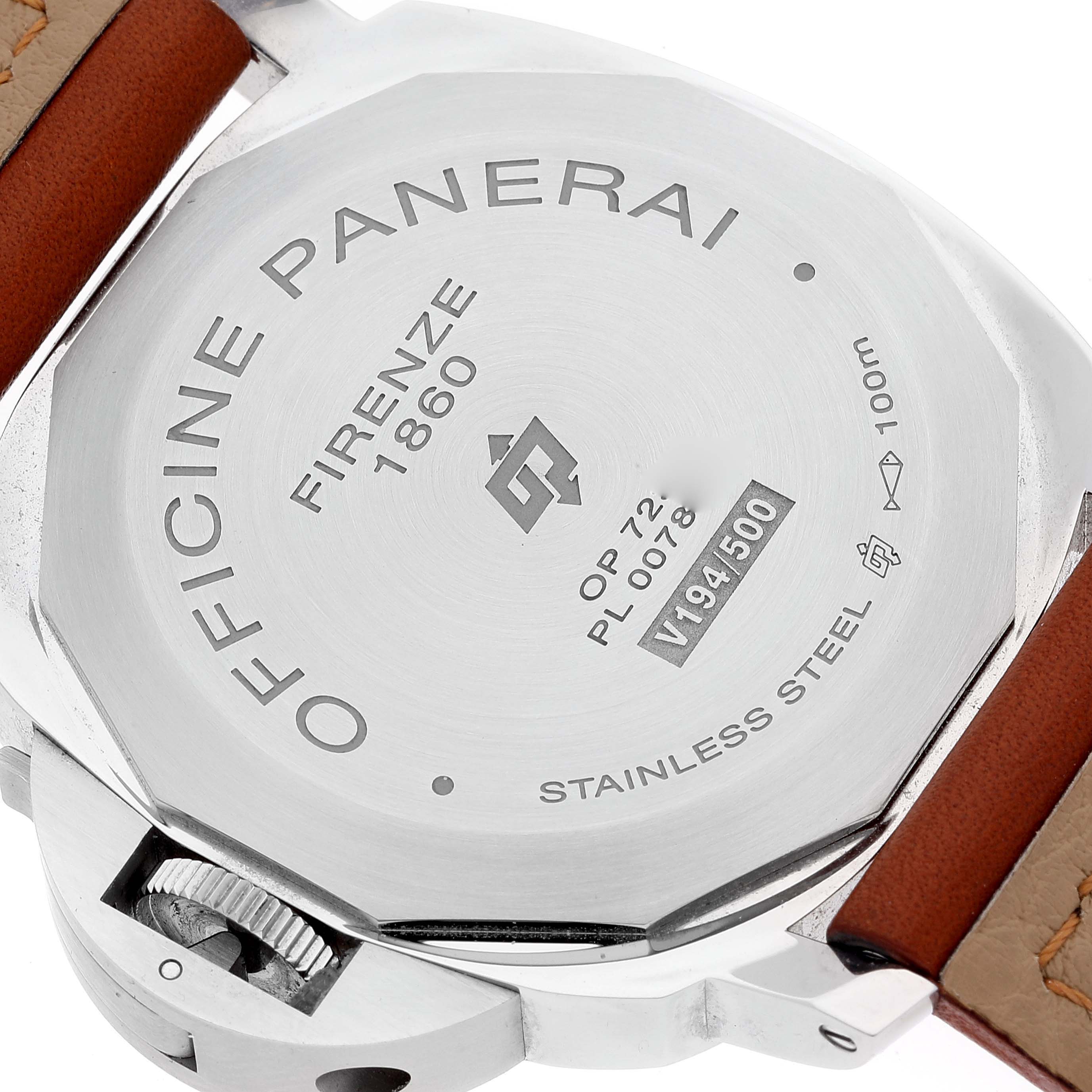 This image shows the back of a Panerai Luminor PAM00660 Men
s Stainless Steel White Dial PAM00660 Men
s Stainless Steel White Dial watch, highlighting its case back engravings and leather strap.