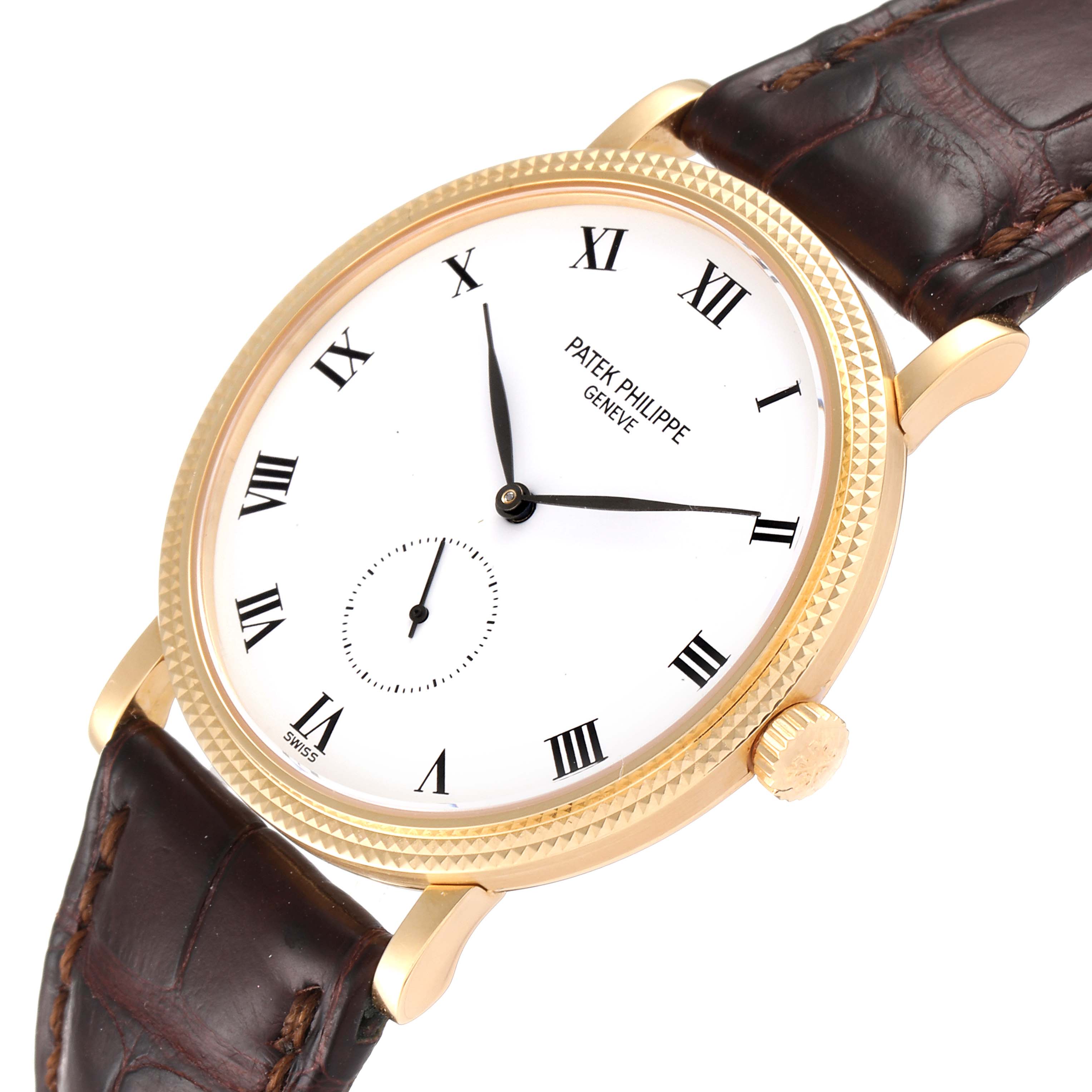 The Patek Philippe Calatrava 3919 Men's Yellow Gold White Dial 3919 Men's Yellow Gold White Dial watch is shown from an angled view highlighting the face, bezel, crown, and brown leather strap.