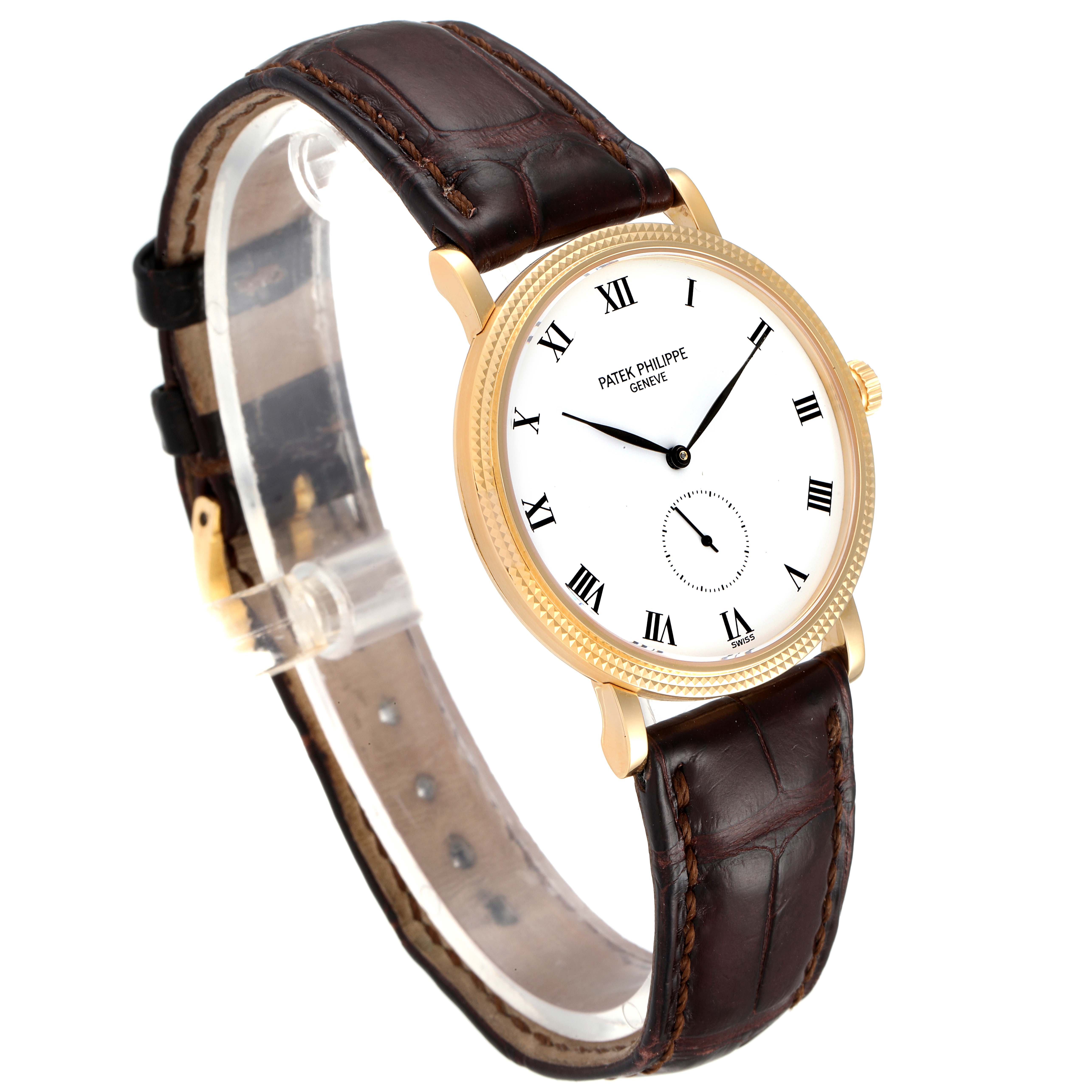 The Patek Philippe Calatrava 3919 Men's Yellow Gold White Dial 3919 Men's Yellow Gold White Dial watch is shown at a slight angle, displaying the face, strap, and part of the clasp.