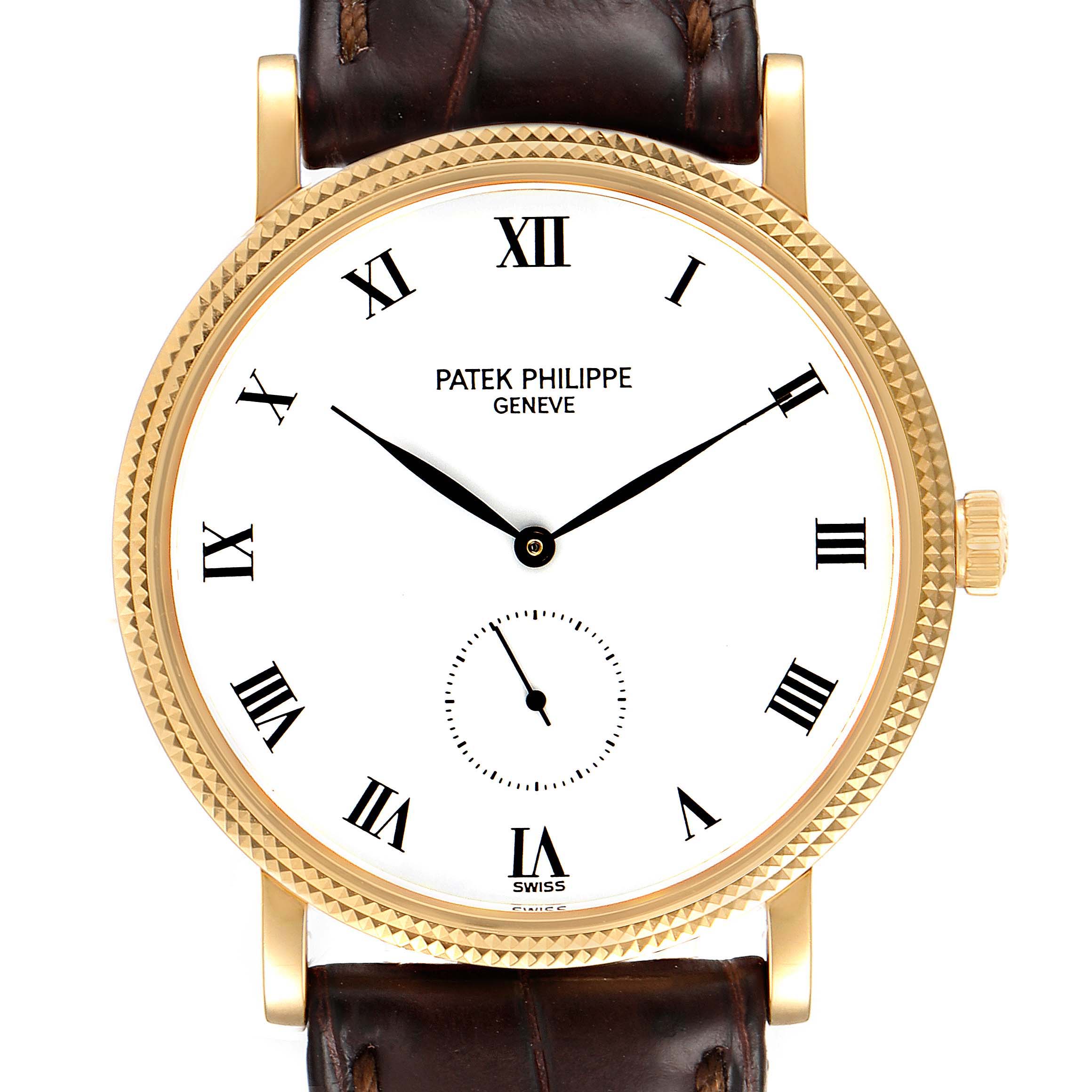 This image shows a front view of the Patek Philippe Calatrava 3919 Men's Yellow Gold White Dial 3919 Men's Yellow Gold White Dial watch, highlighting the dial, hands, bezel, and leather strap.