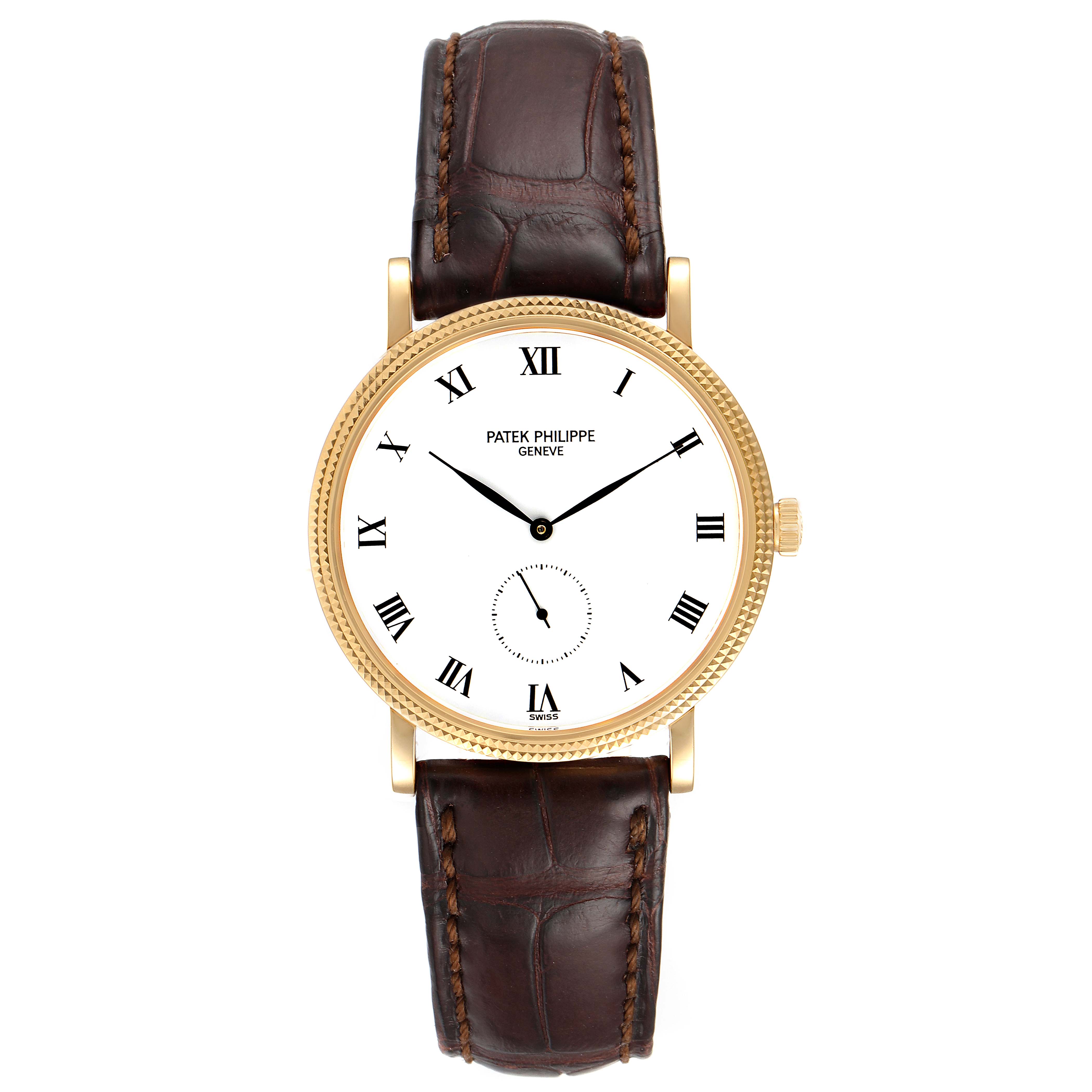 The Patek Philippe Calatrava 3919 Men's Yellow Gold White Dial 3919 Men's Yellow Gold White Dial watch is shown from a front angle, displaying its face, gold bezel, and brown leather strap.