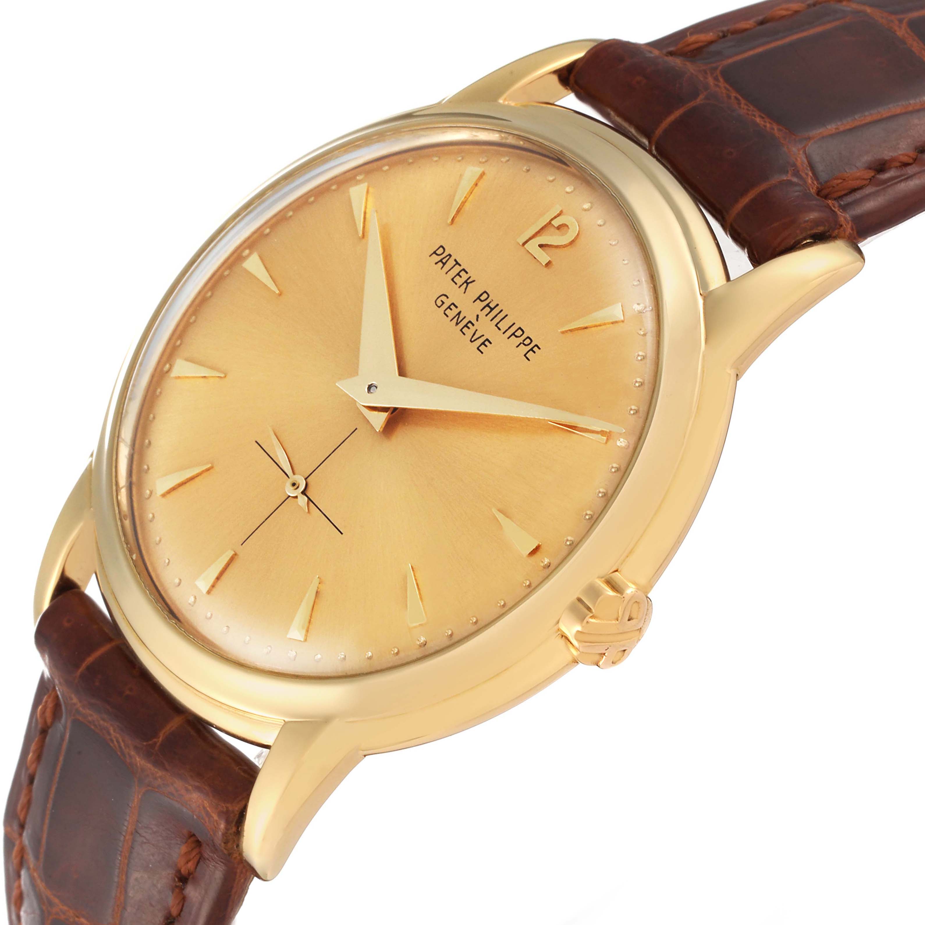 The image shows a side-angle view of a Patek Philippe Vintage watch, highlighting the gold case, dial, and brown leather strap.