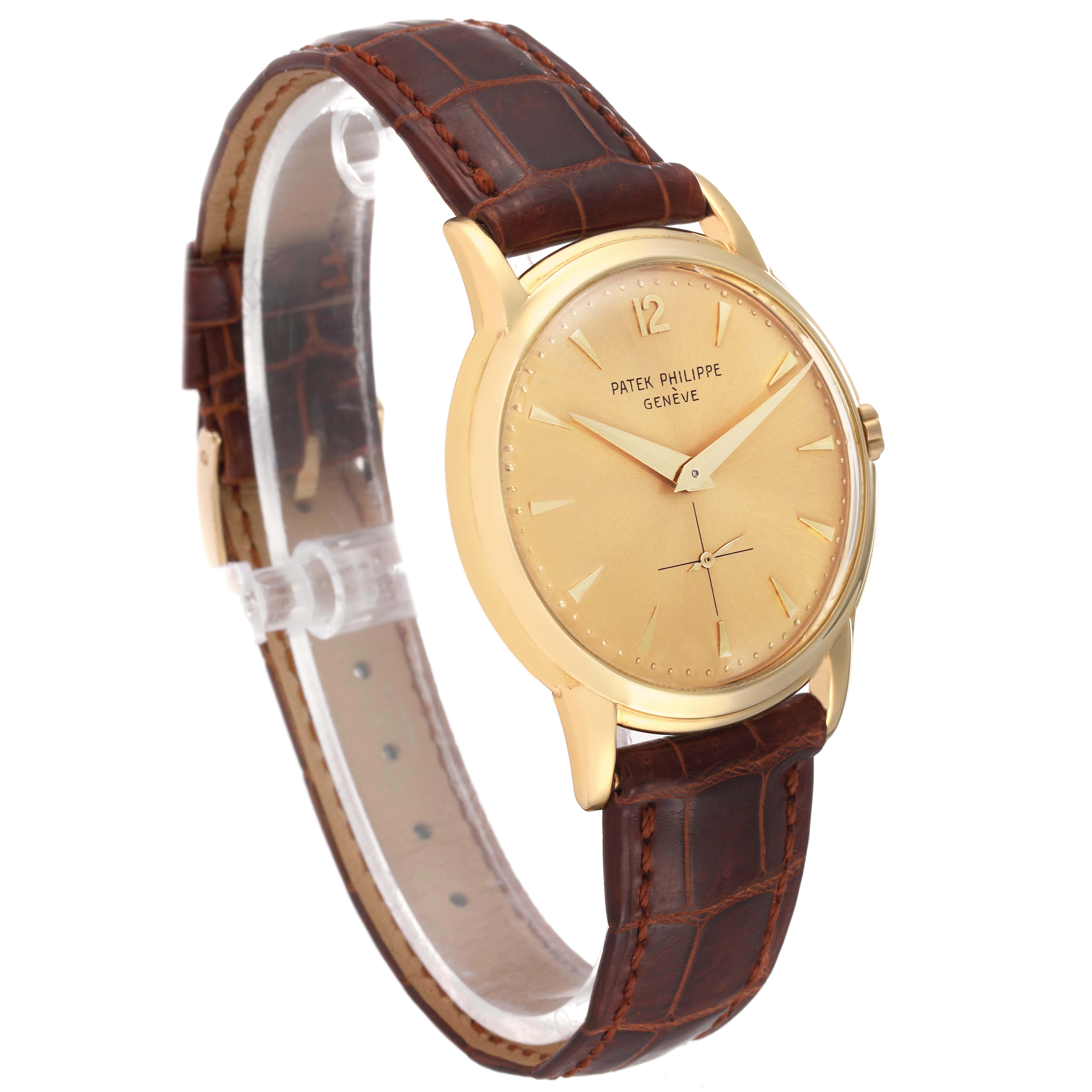 This image shows a side angle of a Patek Philippe Vintage model watch, highlighting the dial, case, and leather strap.