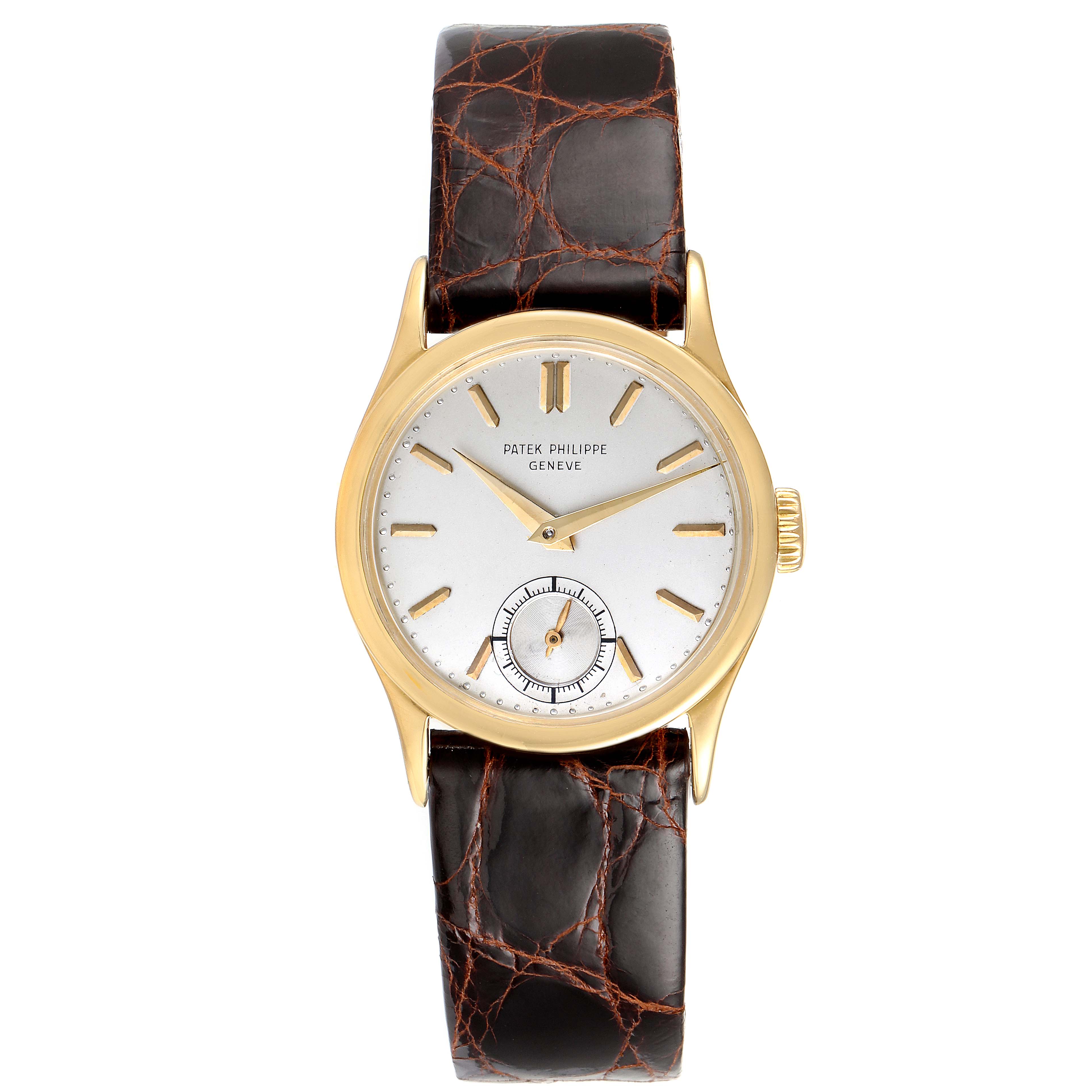 This image shows a frontal view of the Vintage Patek Philippe watch with a leather strap and gold case.