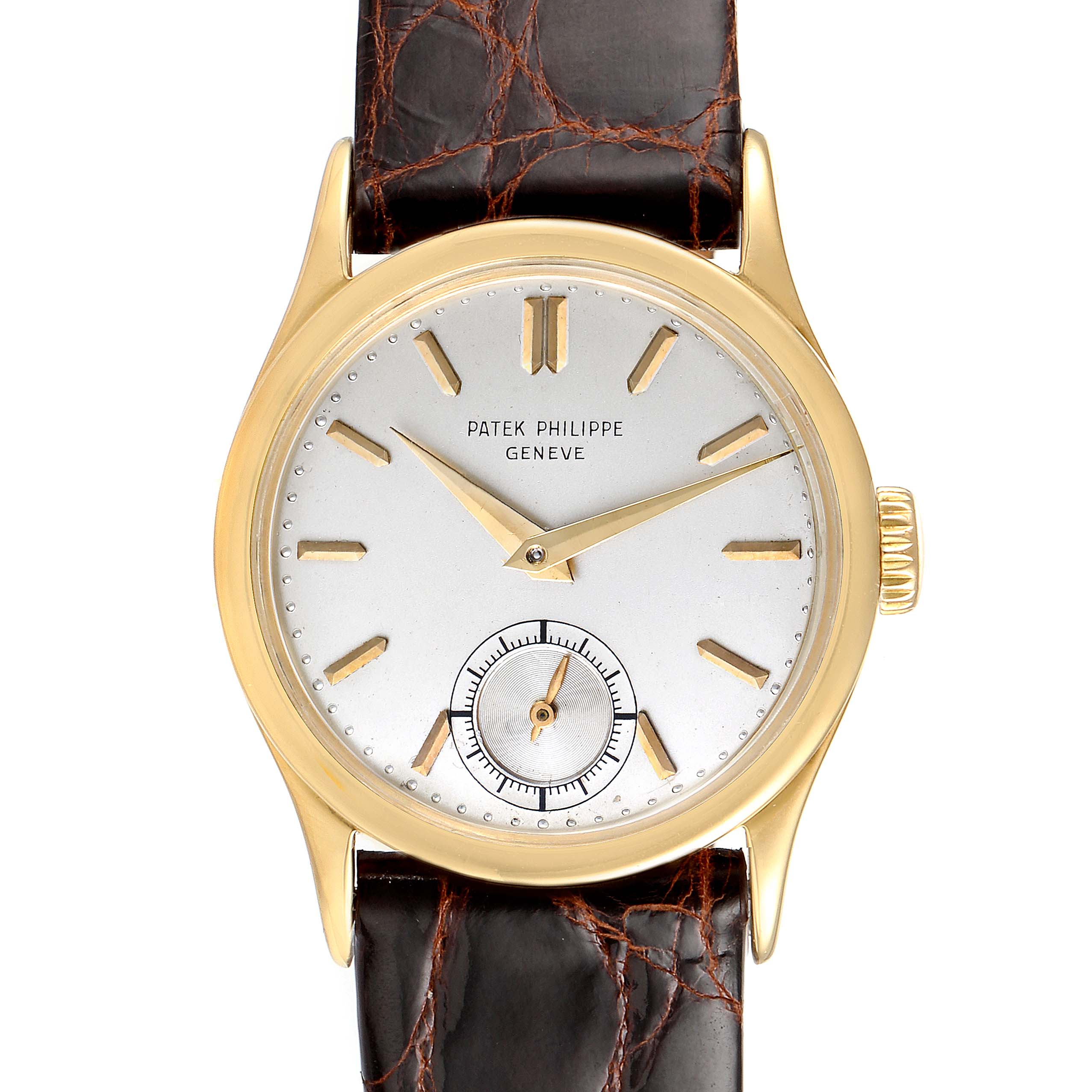 This is a front view of a Patek Philippe Calatrava 96 Men's Yellow Gold Silver Dial 96 Men's Yellow Gold Silver Dial watch showing the dial, hands, and leather strap.