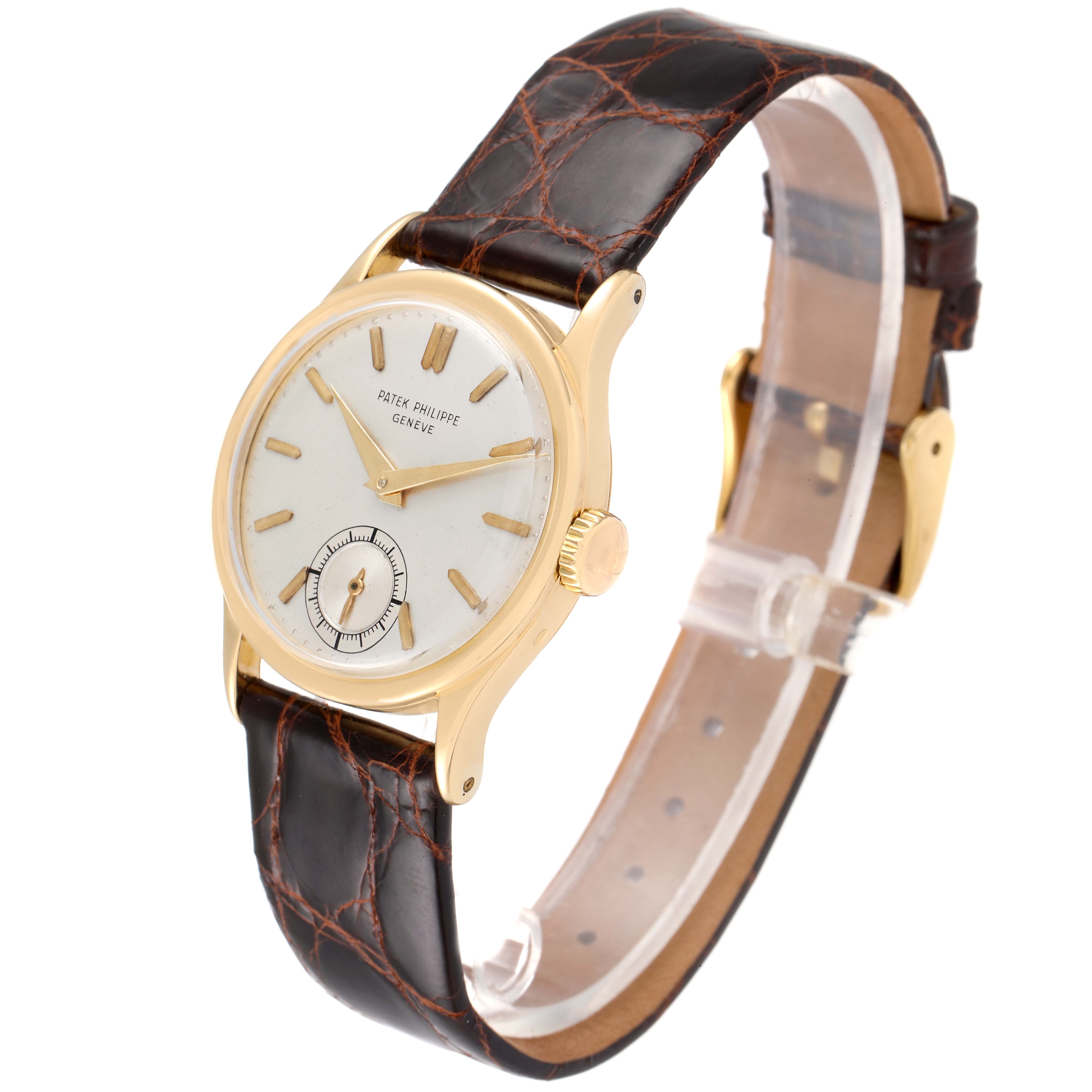 The image shows a side and front view of a Vintage Patek Philippe watch with a brown leather strap and gold casing.