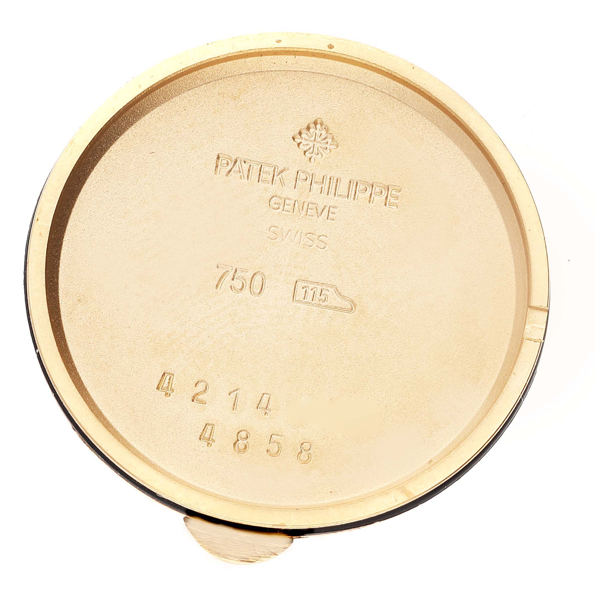 This image shows the inside case back of a Patek Philippe Calatrava 4858J - 010 Women's Yellow Gold Brown Dial 4858J - 010 Women's Yellow Gold Brown Dial watch.