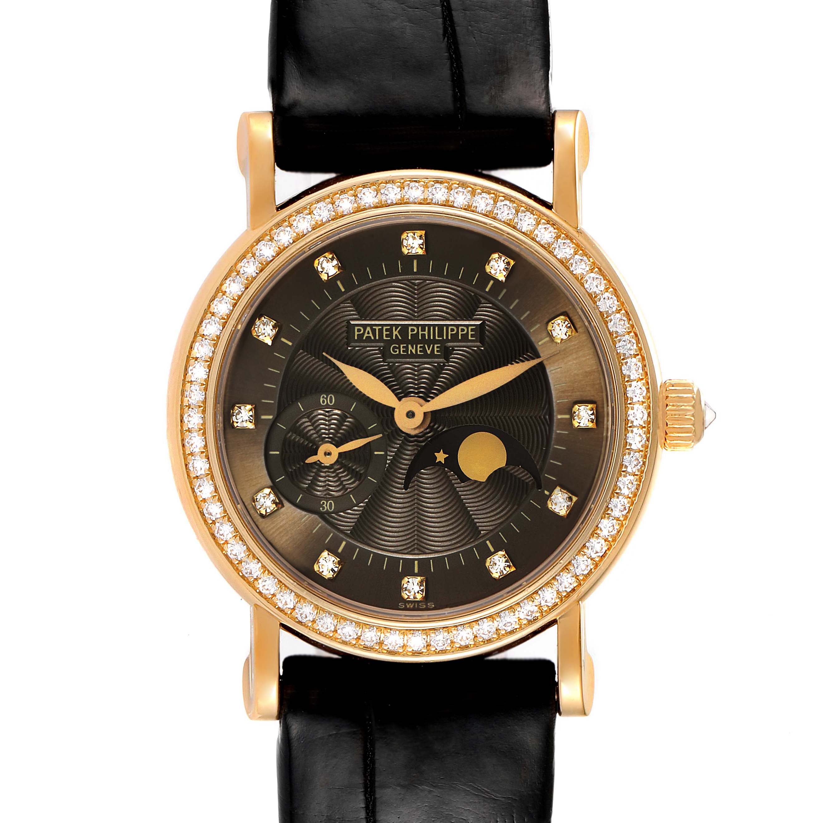 The image shows a front view of a Patek Philippe Calatrava 4858J - 010 Women's Yellow Gold Brown Dial 4858J - 010 Women's Yellow Gold Brown Dial watch, displaying its bezel, dial, hands, and strap.