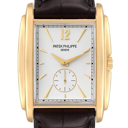 This image shows a frontal view of a Patek Philippe Gondolo watch, highlighting its rectangular gold case, dial, and leather strap.