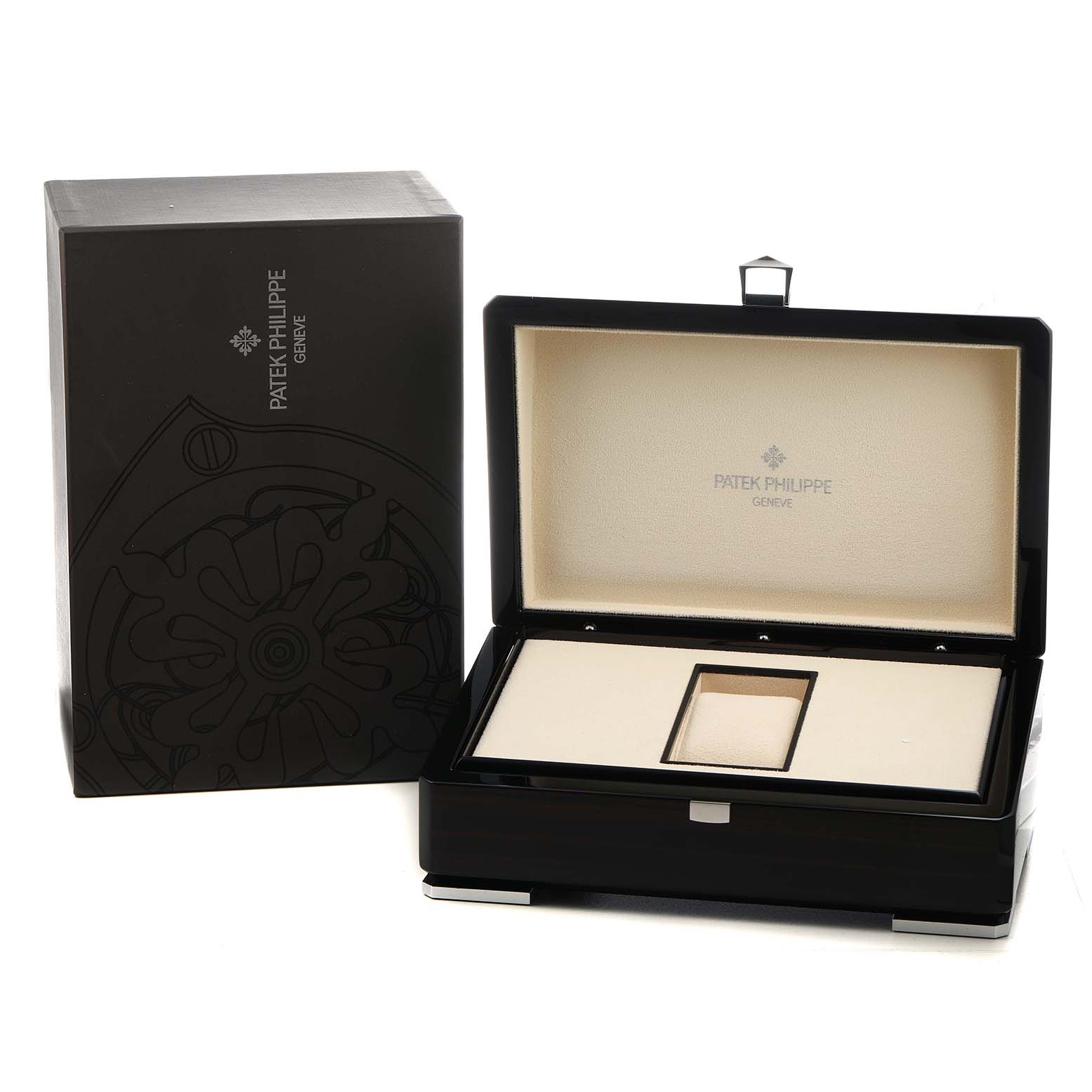 The image shows a Patek Philippe Nautilus 7010R Women's Rose Gold Silver Dial model watch box open, with its outer packaging beside it.