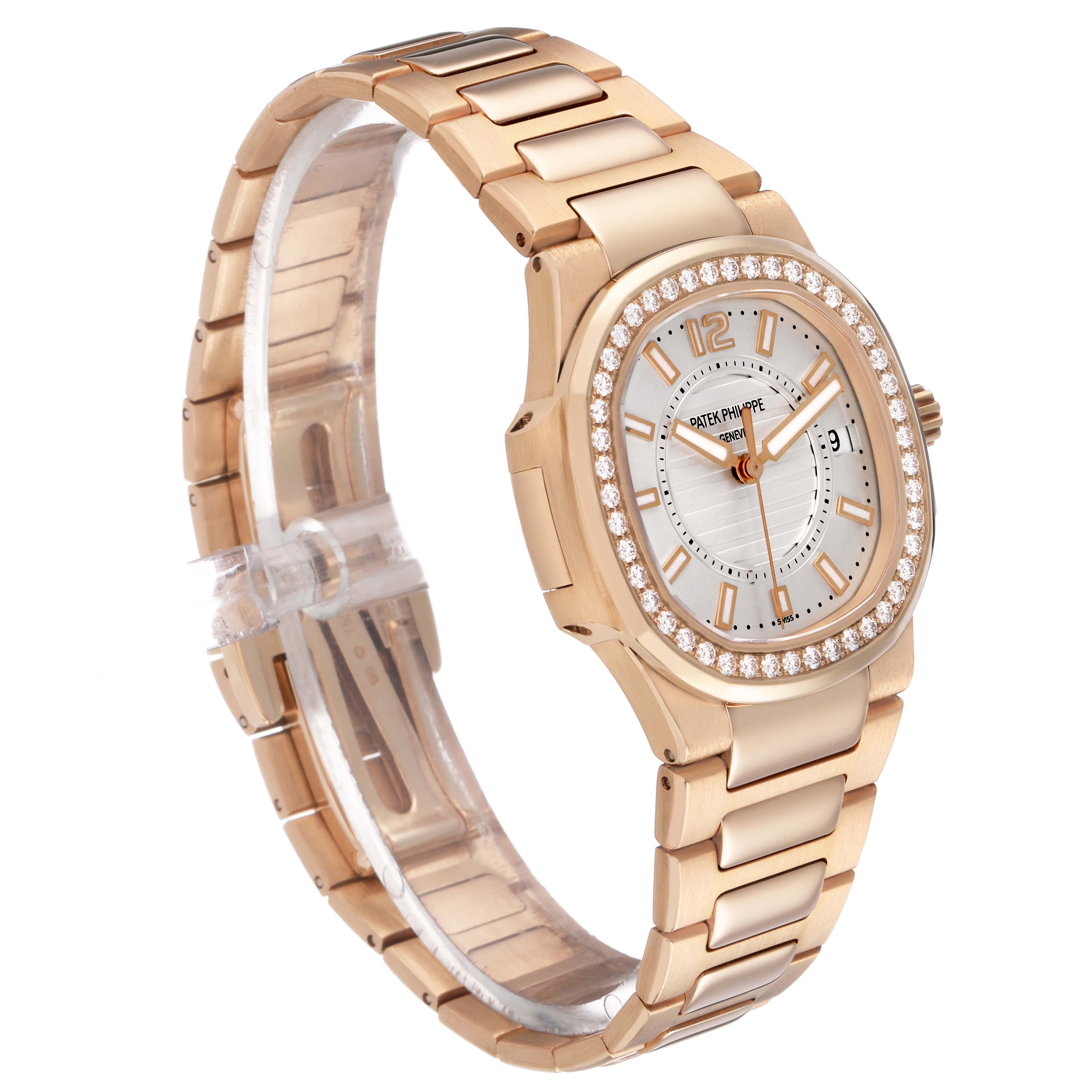 The Patek Philippe Nautilus 7010R Women's Rose Gold Silver Dial watch is shown at a three-quarter angle, displaying the dial, bezel, and bracelet.