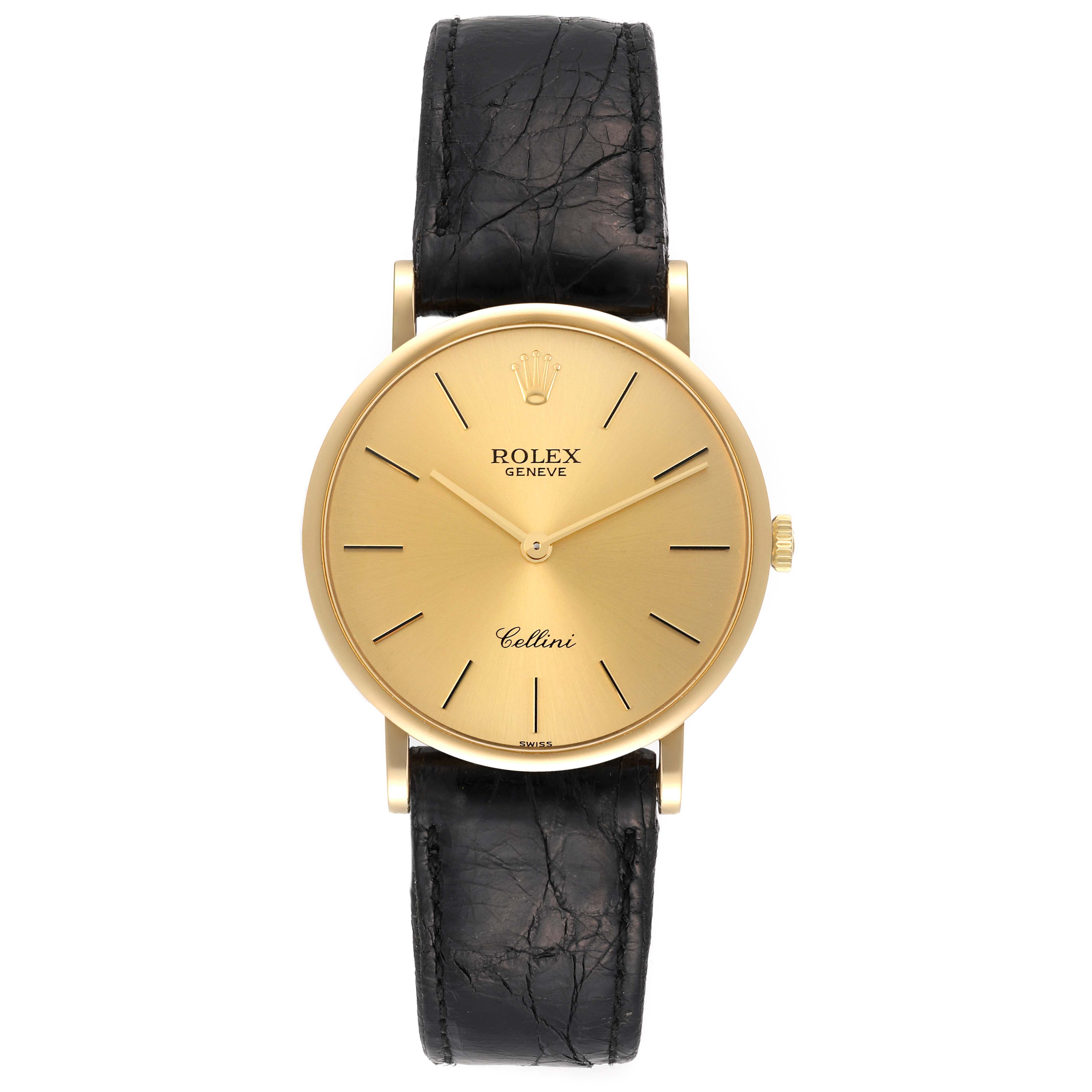 This image shows a Rolex Cellini 5112 Men's Yellow Gold Champagne Dial 5112 Men's Yellow Gold Champagne Dial watch from the front, highlighting its gold dial and black leather strap.