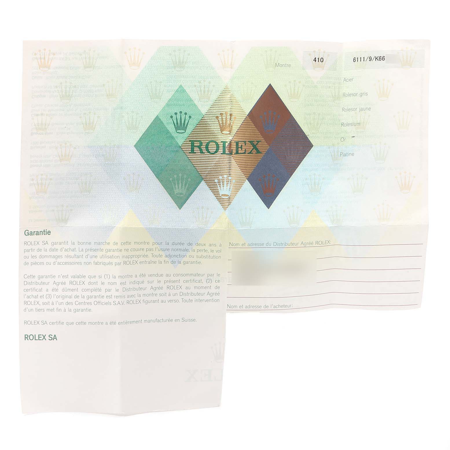 The image shows a warranty certificate or document for a Rolex Cellini 6111 Women's White Gold Silver Dial 6111 Women's White Gold Silver Dial watch.