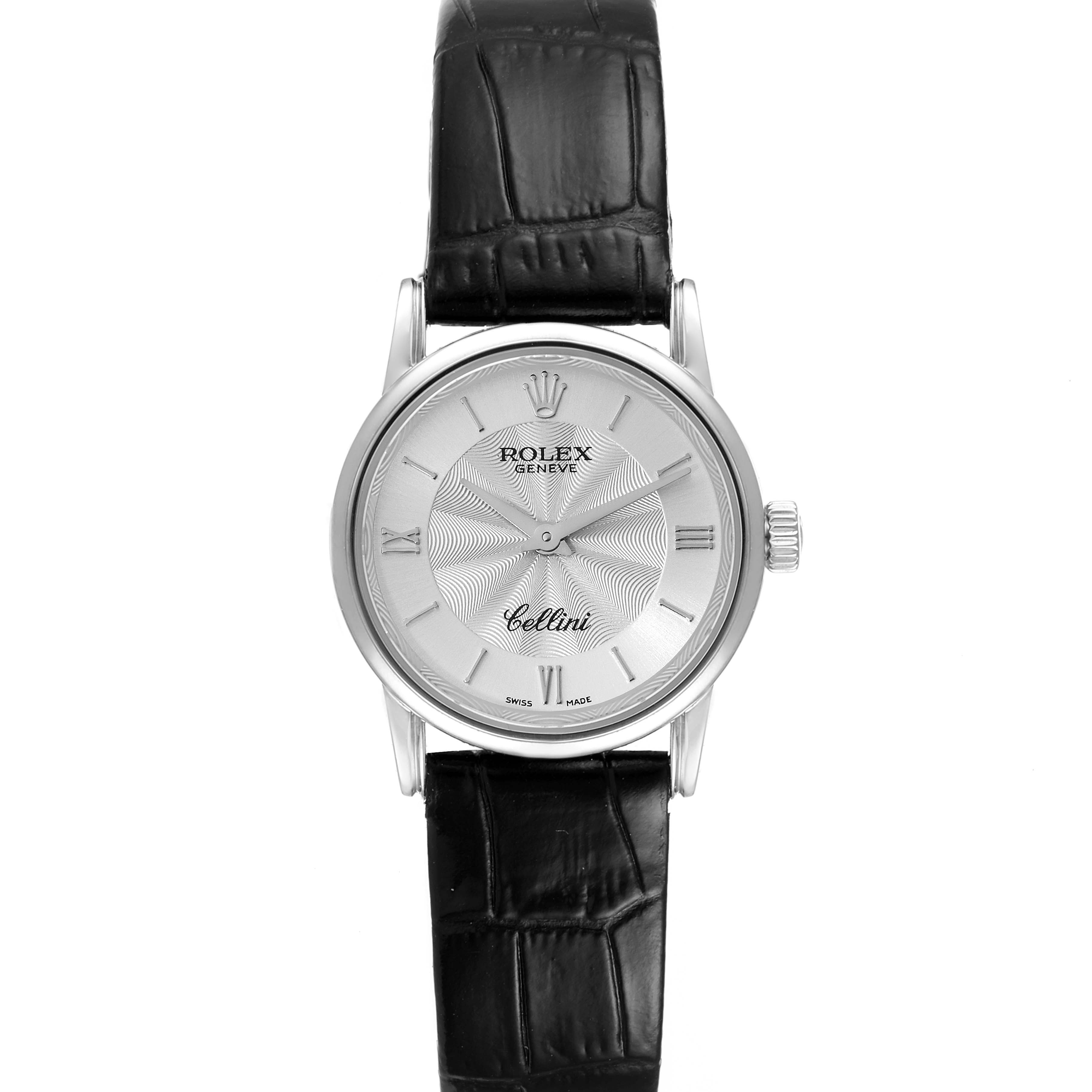 This image shows a frontal view of the Rolex Cellini 6111 Women's White Gold Silver Dial 6111 Women's White Gold Silver Dial watch, featuring its dial, bezel, and black leather strap.