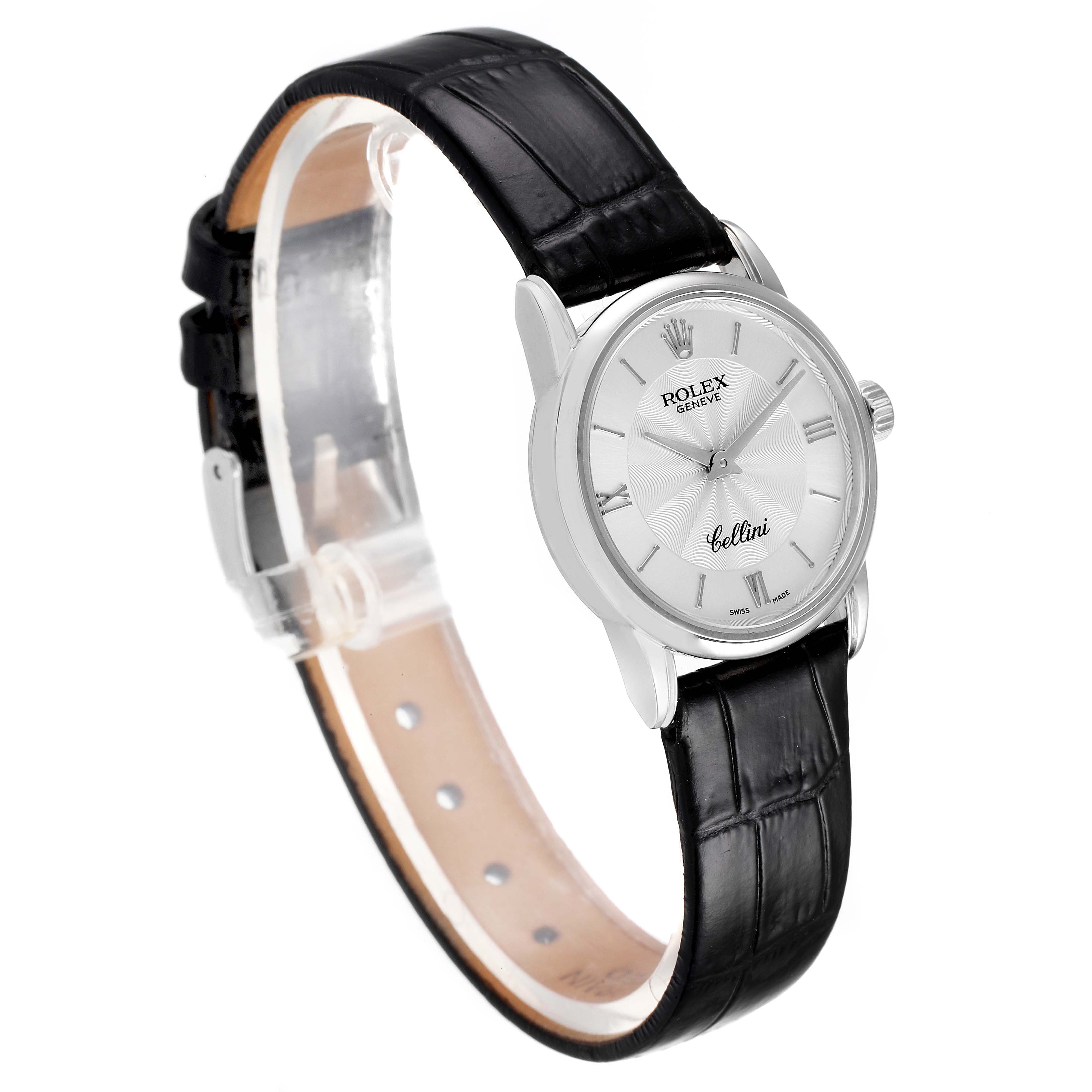 The image shows a side angle of the Rolex Cellini 6111 Women's White Gold Silver Dial 6111 Women's White Gold Silver Dial watch, highlighting its face, case, and black leather strap.