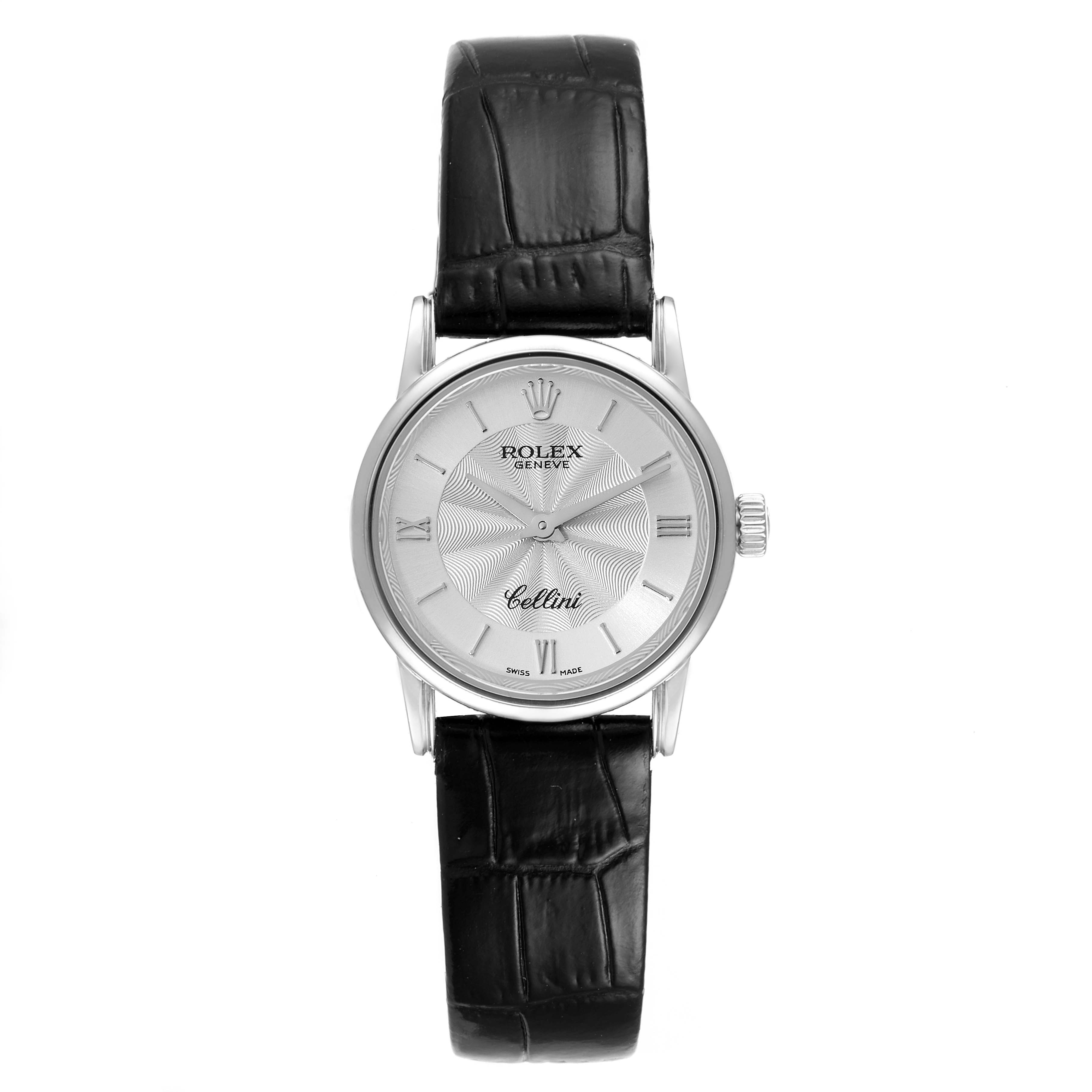 The image shows the front view of a Rolex Cellini 6111 Women's White Gold Silver Dial 6111 Women's White Gold Silver Dial watch, highlighting its dial, case, and leather strap.
