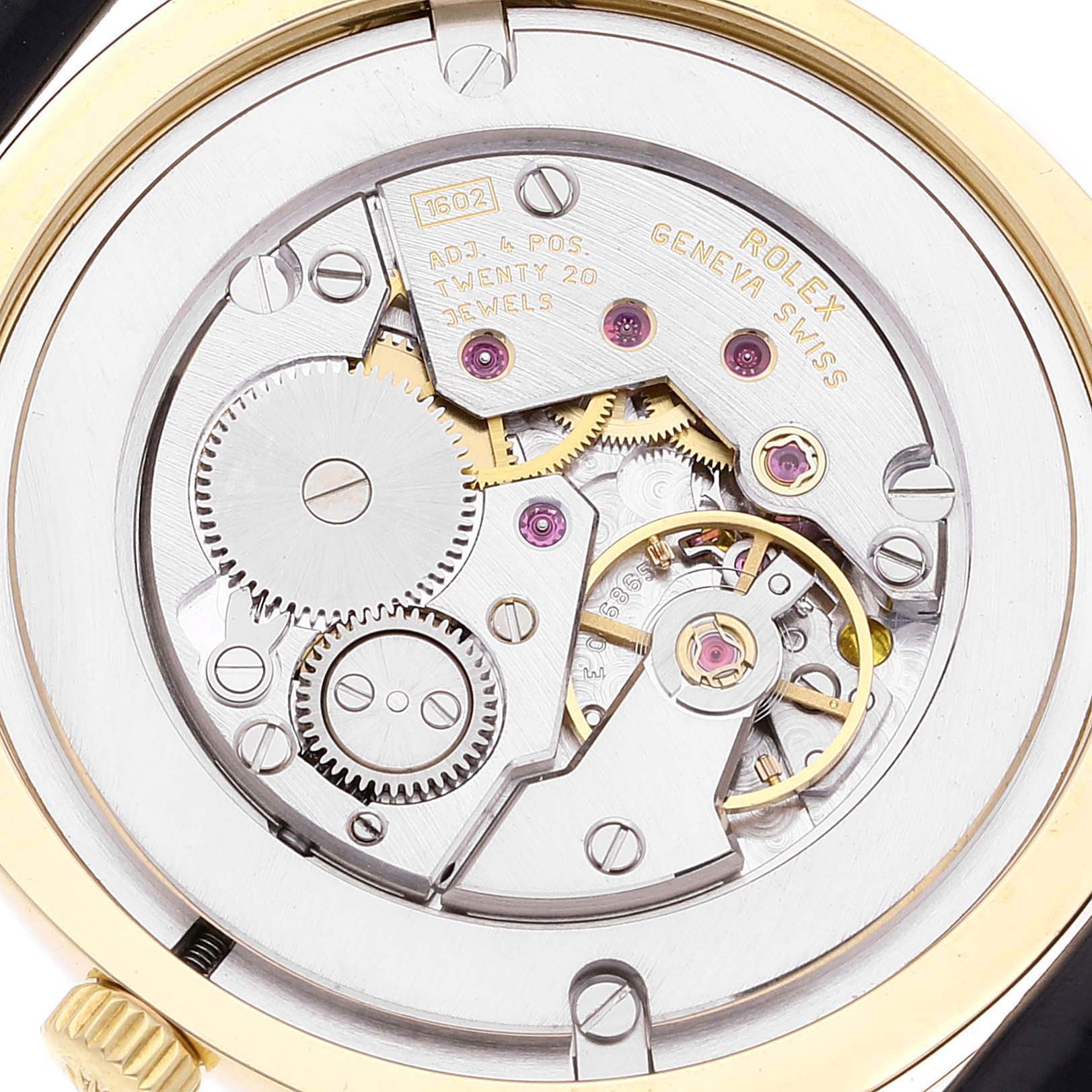 The image shows the detailed internal mechanism of a Rolex Cellini 4233 Men's Yellow Gold White Dial 4233 Men's Yellow Gold White Dial watch, viewed from the back.