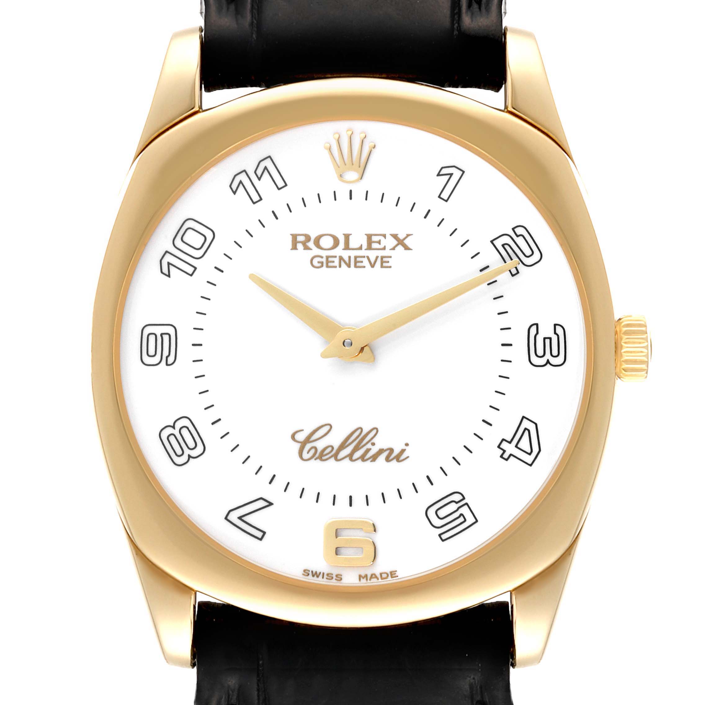 The image shows a front view of a Rolex Cellini 4233 Men's Yellow Gold White Dial 4233 Men's Yellow Gold White Dial watch highlighting the dial, hands, numerals, crown, and strap attachment.